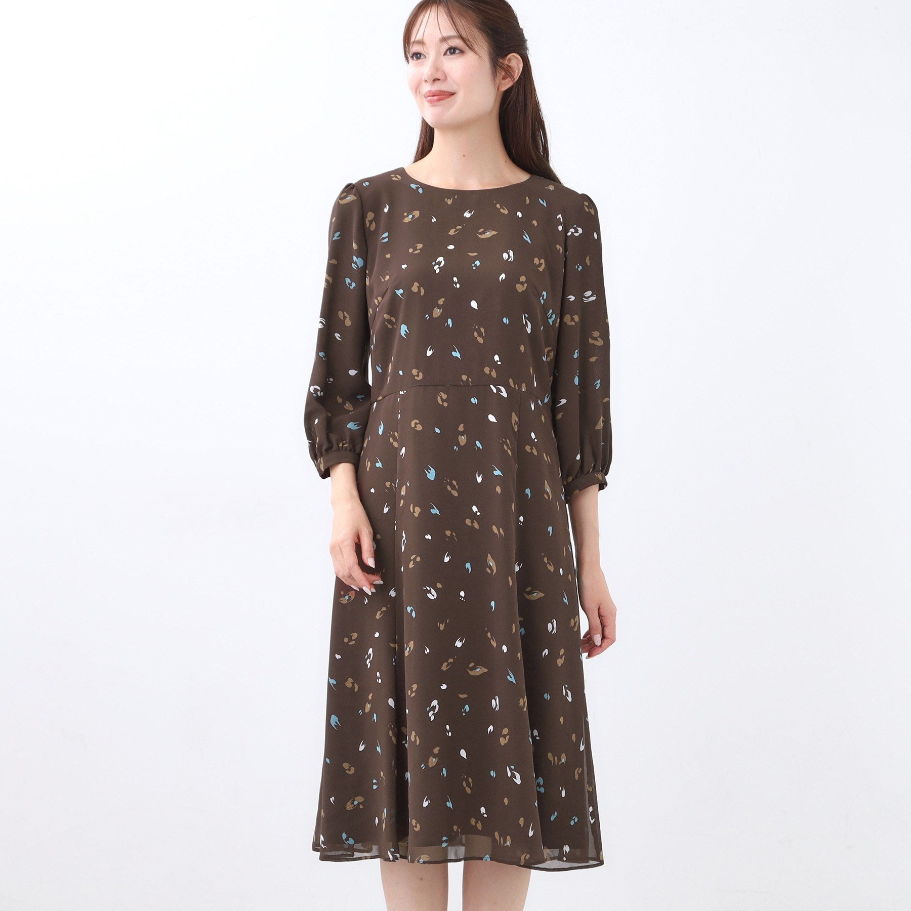 リフレクト Reflect 【ウエストリボン付き】フレアプリントワンピース （ネイビー(194)） ネイビー(194)