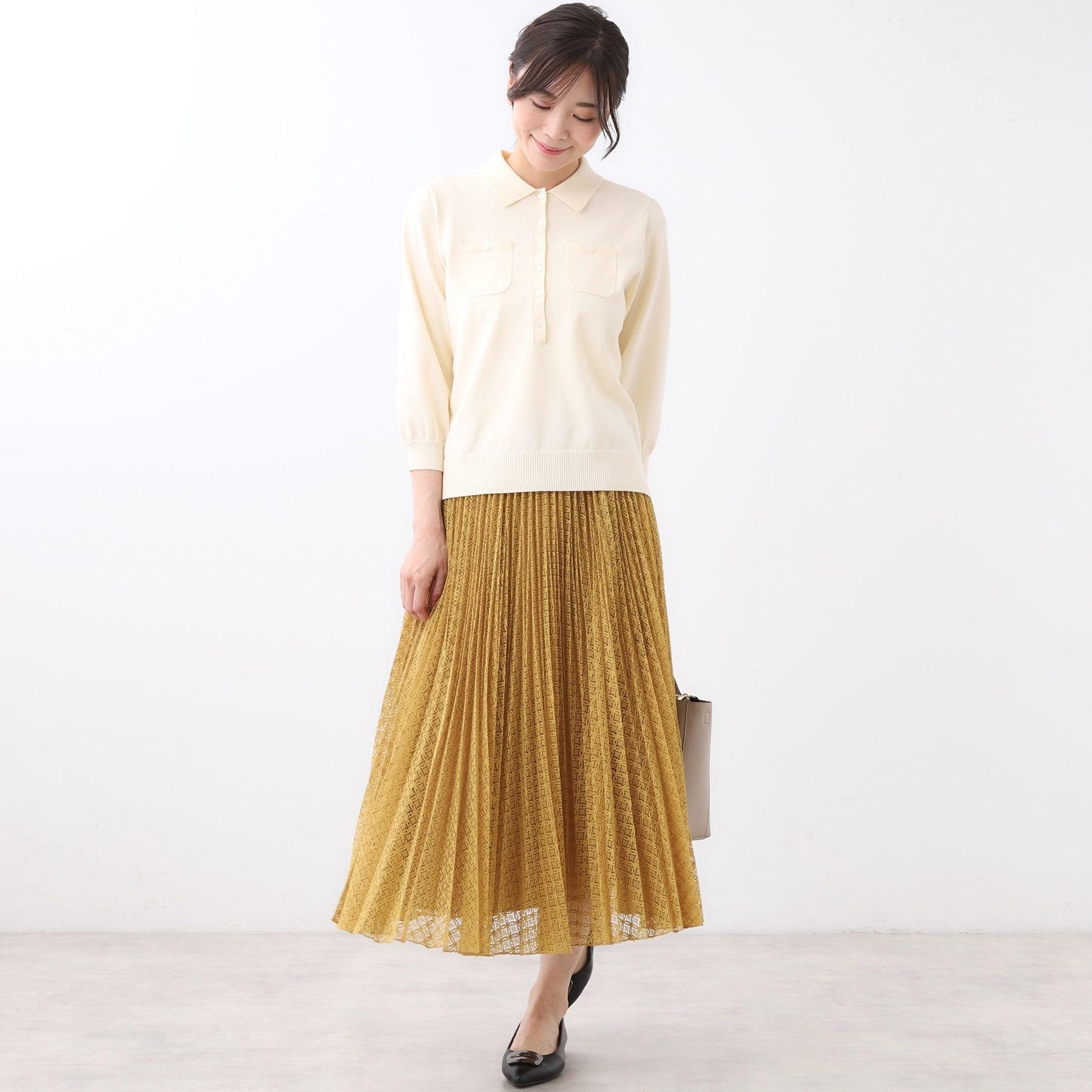 リフレクト Reflect 【透けにくい／残暑から秋まで着られる◎】衿付き七分袖ニット （マスタード(033)） マスタード(033)