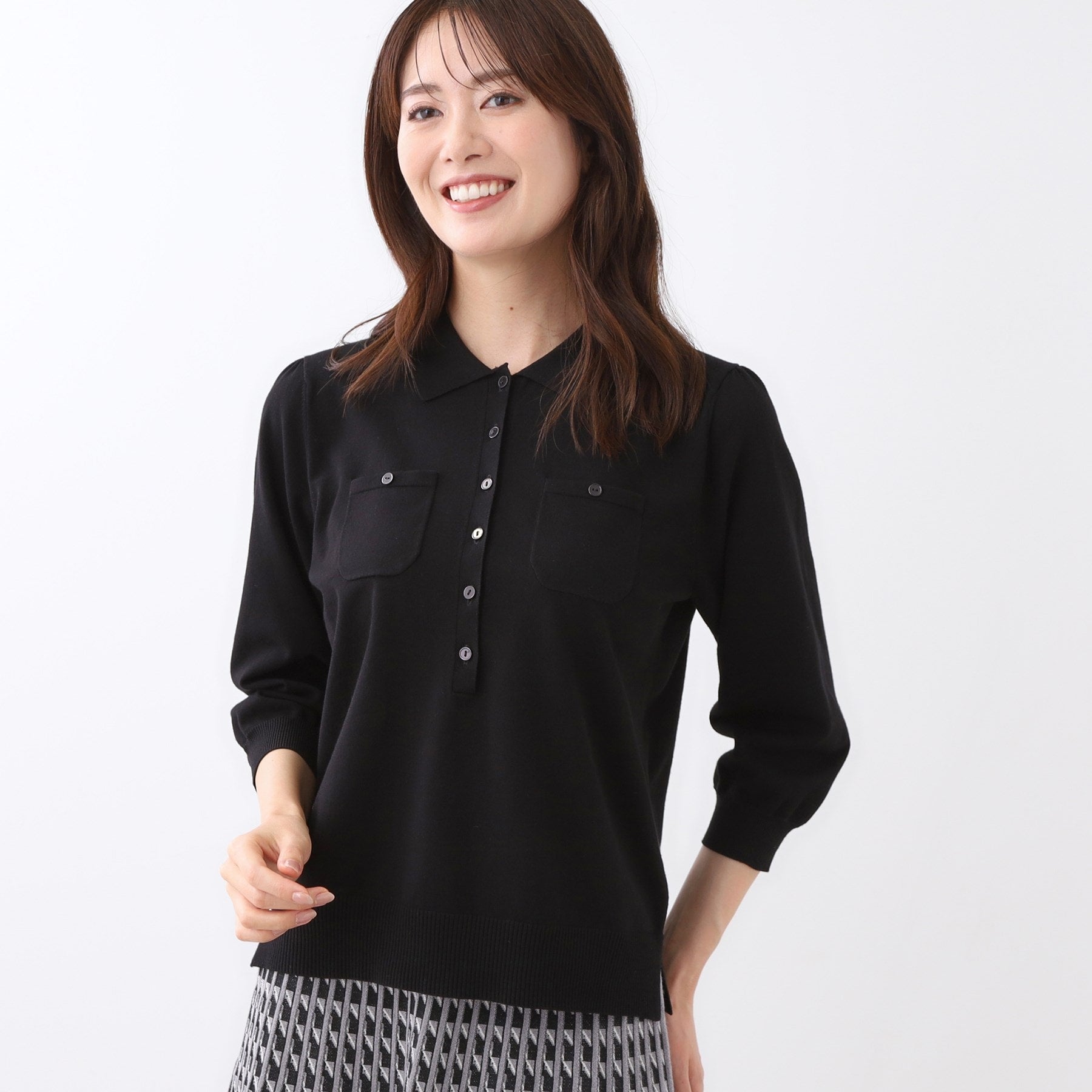 リフレクト Reflect 【透けにくい／残暑から秋まで着られる◎】衿付き七分袖ニット （マスタード(033)） マスタード(033)