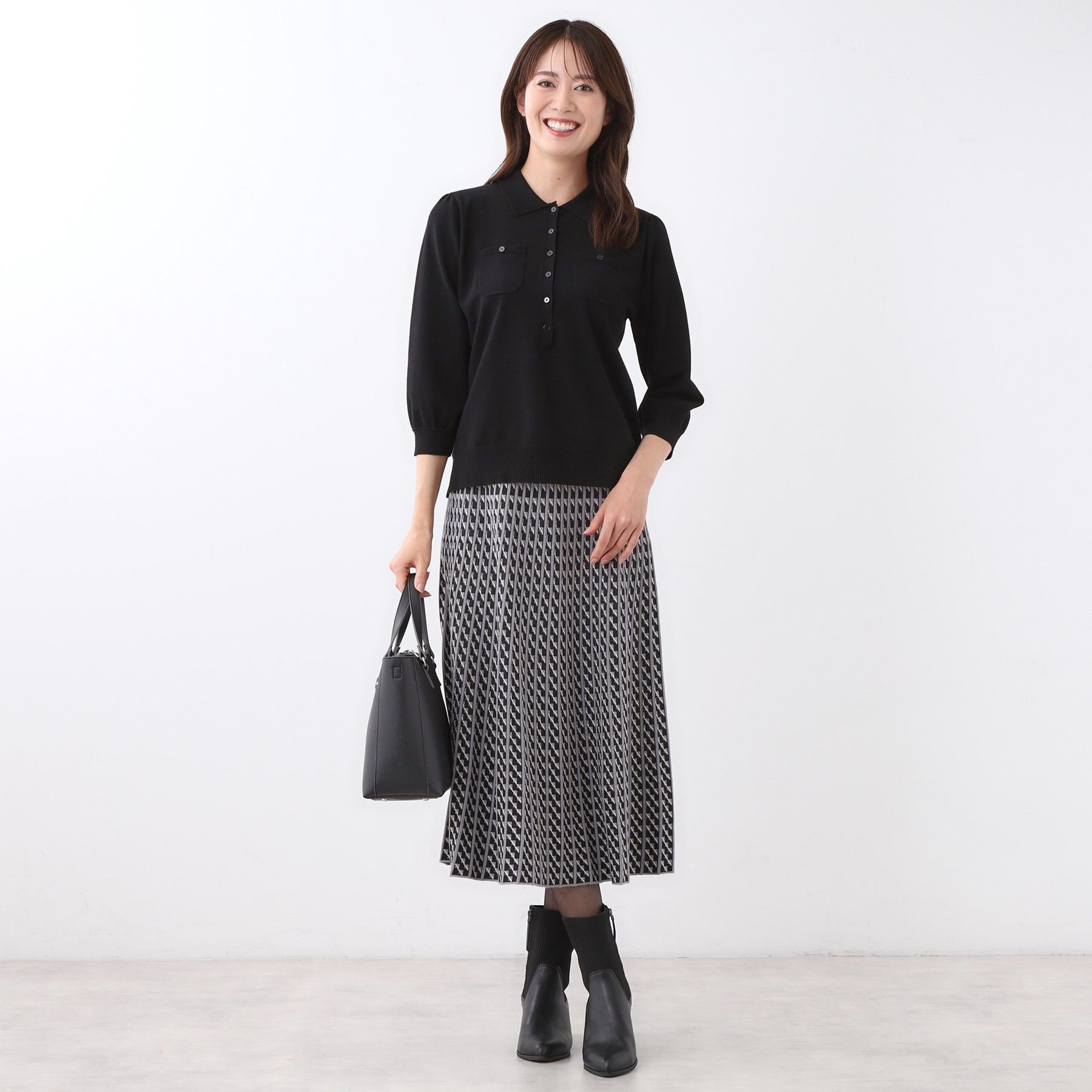 リフレクト Reflect 【透けにくい／残暑から秋まで着られる◎】衿付き七分袖ニット （マスタード(033)） マスタード(033)