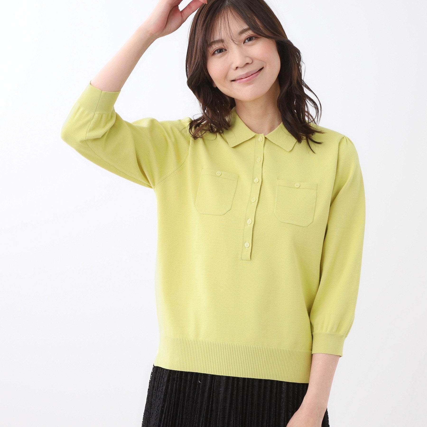 リフレクト Reflect 【透けにくい／残暑から秋まで着られる◎】衿付き七分袖ニット （マスタード(033)） マスタード(033)