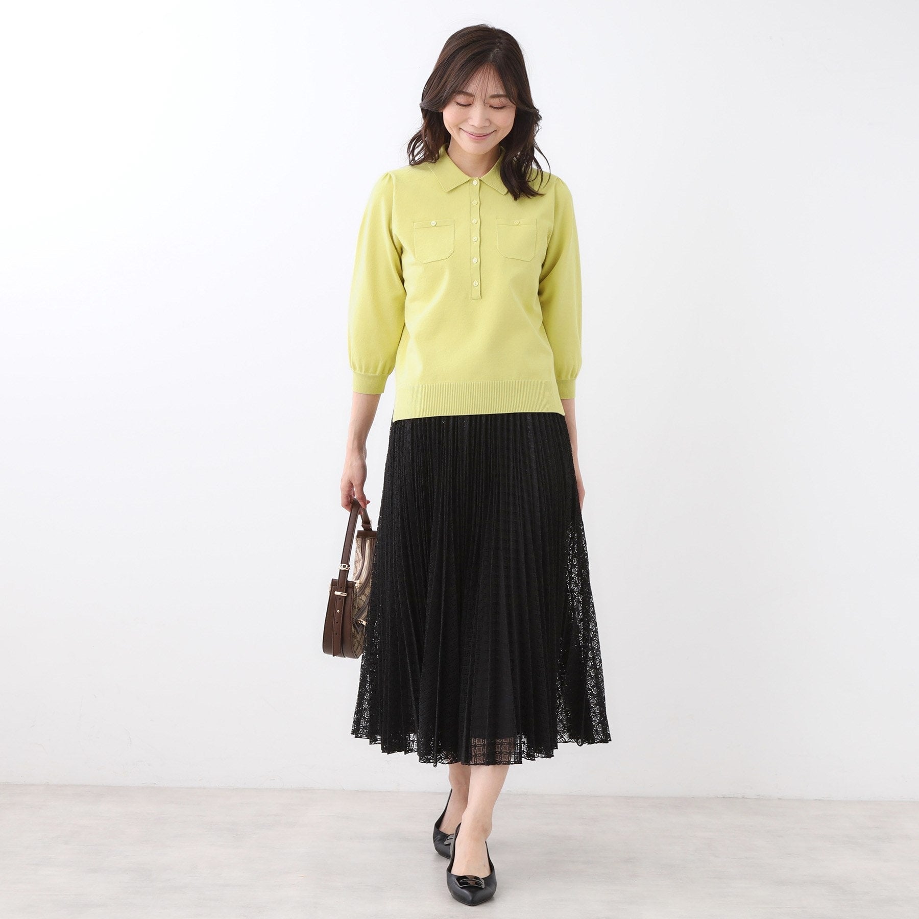 リフレクト Reflect 【透けにくい／残暑から秋まで着られる◎】衿付き七分袖ニット （マスタード(033)） マスタード(033)