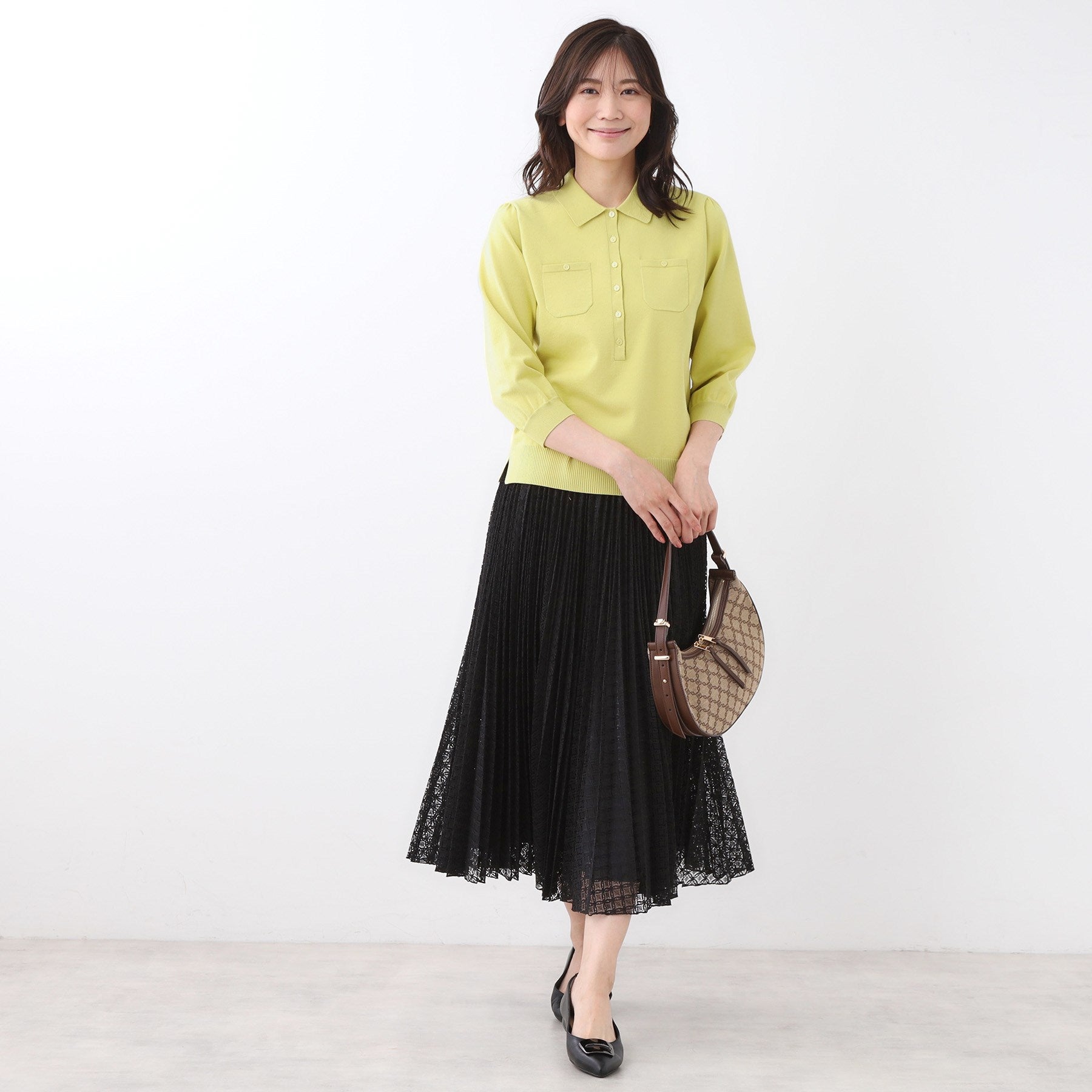 リフレクト Reflect 【透けにくい／残暑から秋まで着られる◎】衿付き七分袖ニット （マスタード(033)） マスタード(033)