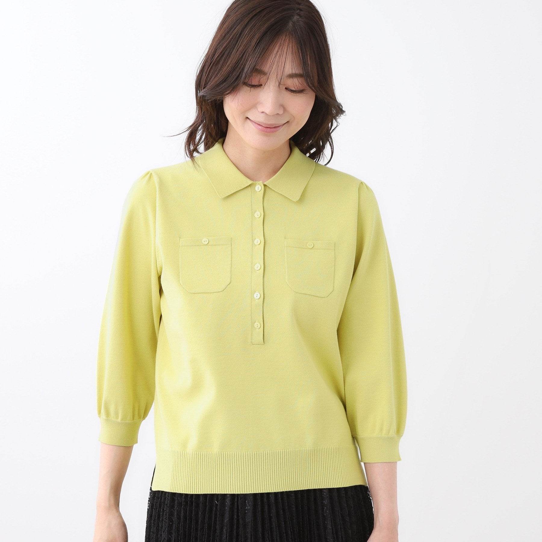 リフレクト Reflect 【透けにくい／残暑から秋まで着られる◎】衿付き七分袖ニット （マスタード(033)） マスタード(033)