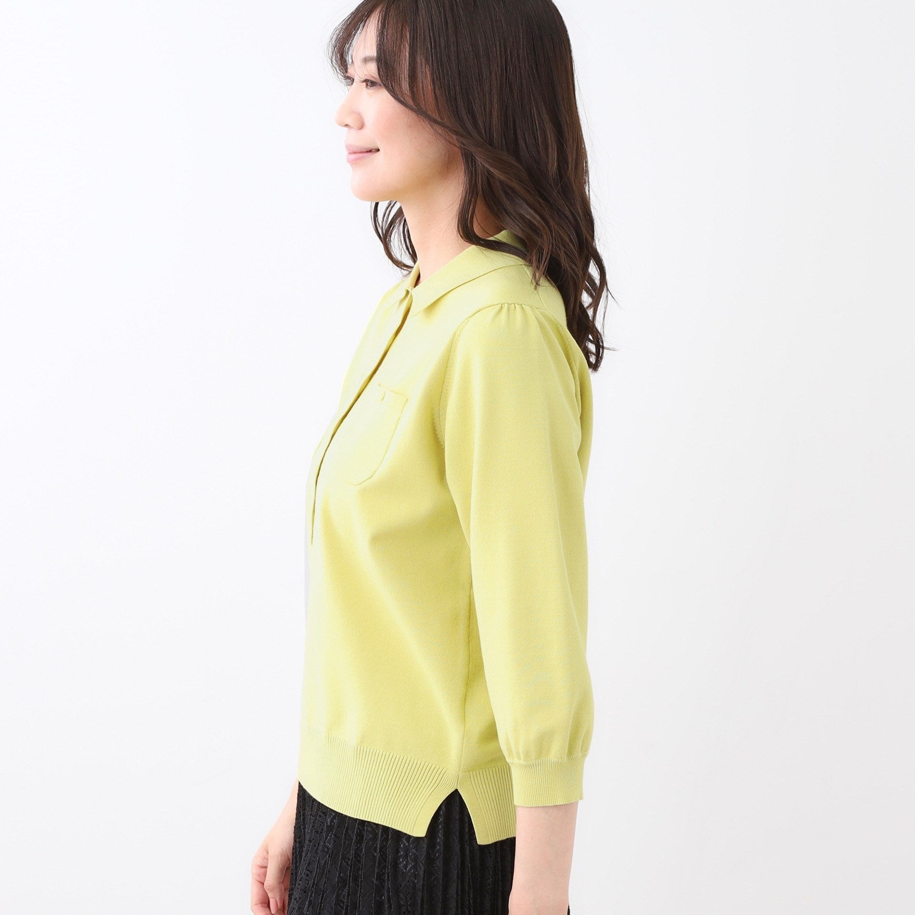 リフレクト Reflect 【透けにくい／残暑から秋まで着られる◎】衿付き七分袖ニット （マスタード(033)） マスタード(033)