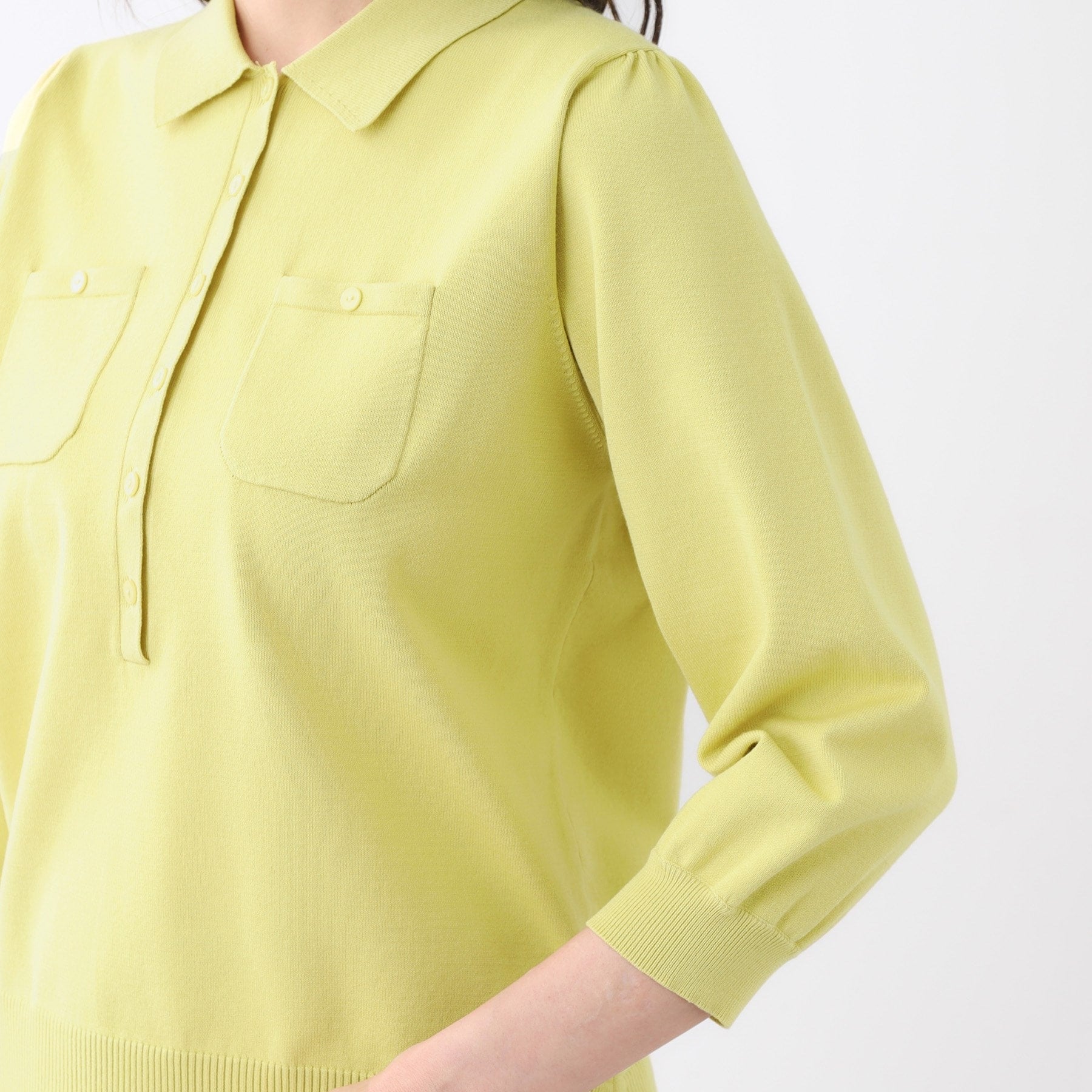 リフレクト Reflect 【透けにくい／残暑から秋まで着られる◎】衿付き七分袖ニット （マスタード(033)） マスタード(033)