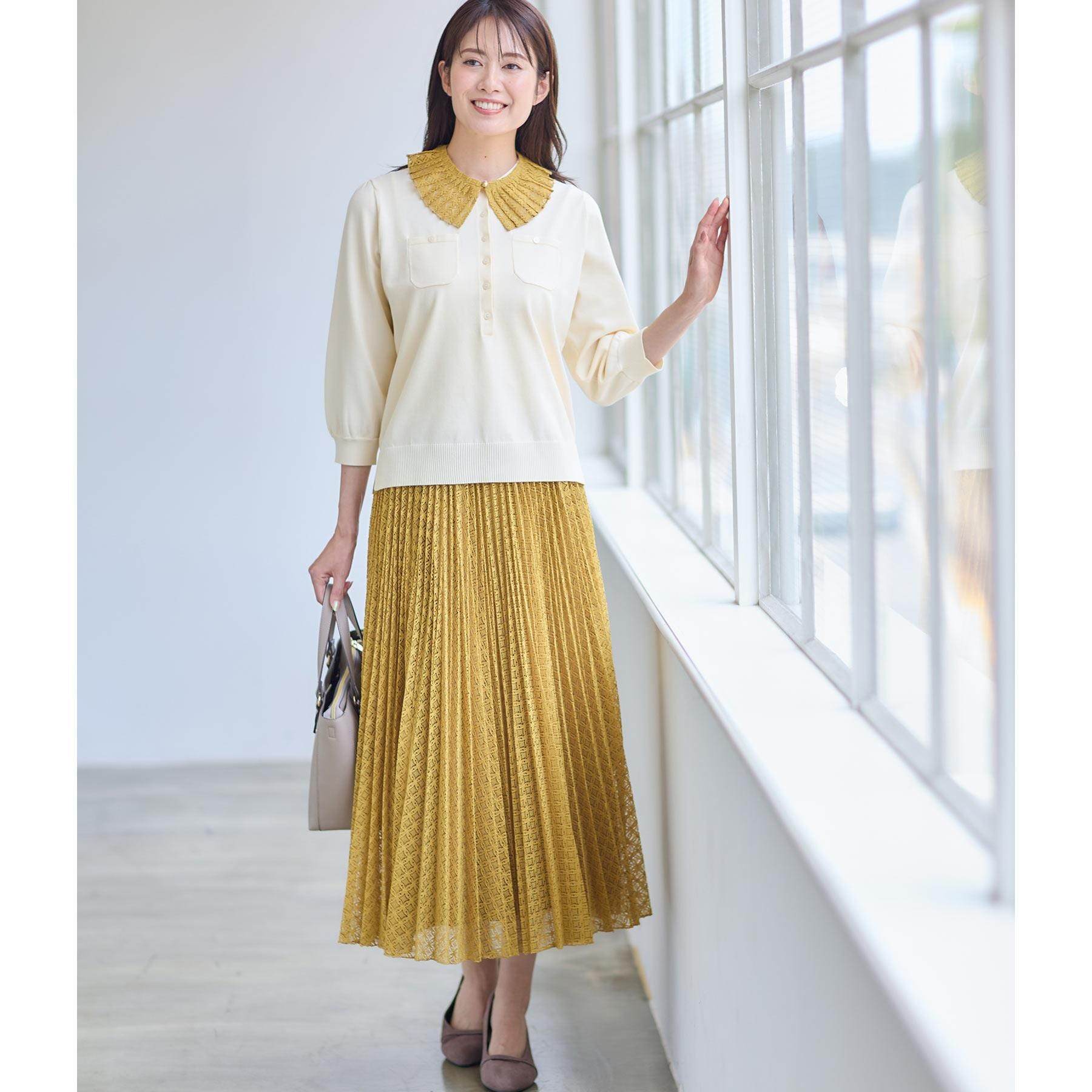 リフレクト Reflect 【透けにくい／残暑から秋まで着られる◎】衿付き七分袖ニット （マスタード(033)） マスタード(033)