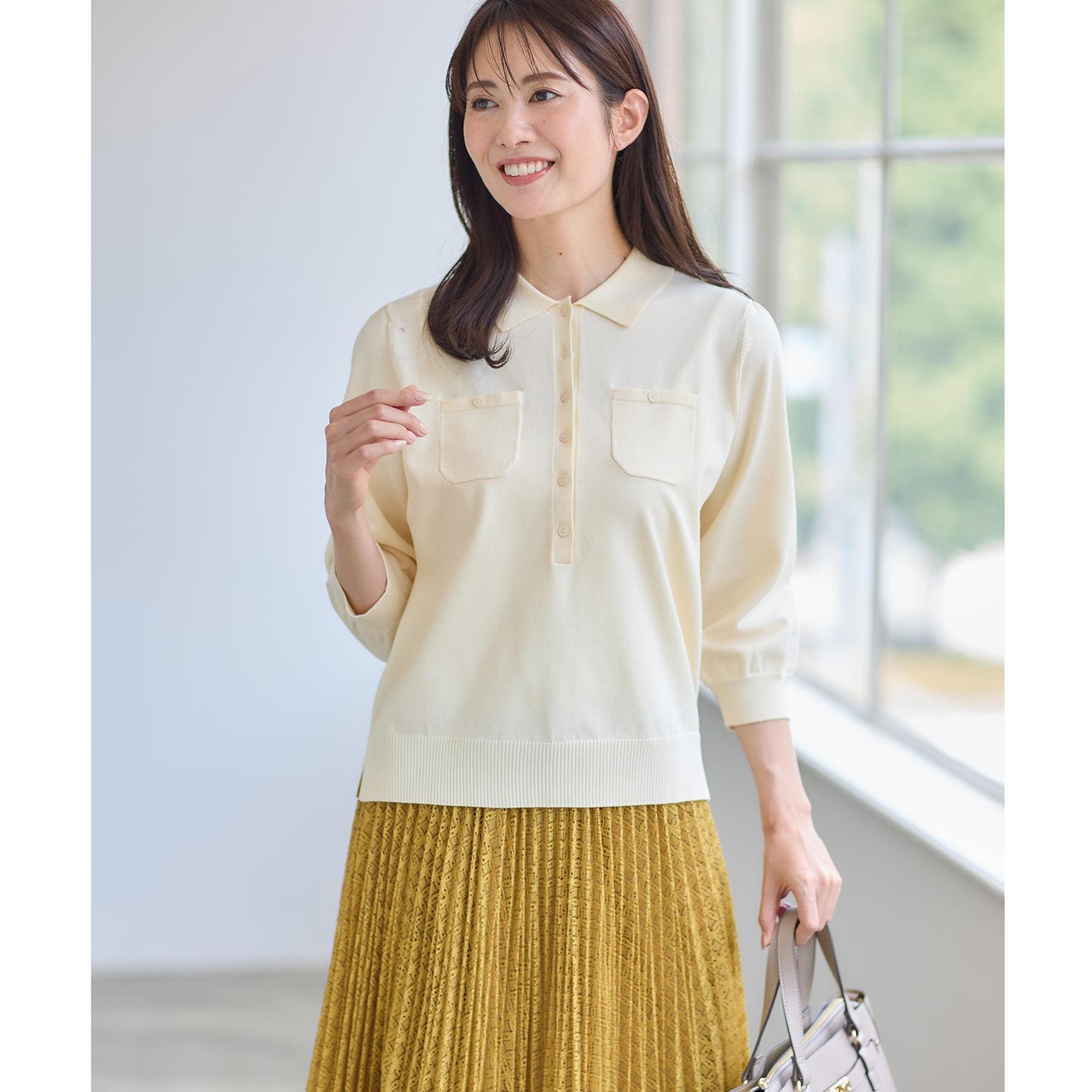 リフレクト Reflect 【透けにくい／残暑から秋まで着られる◎】衿付き七分袖ニット （マスタード(033)） マスタード(033)