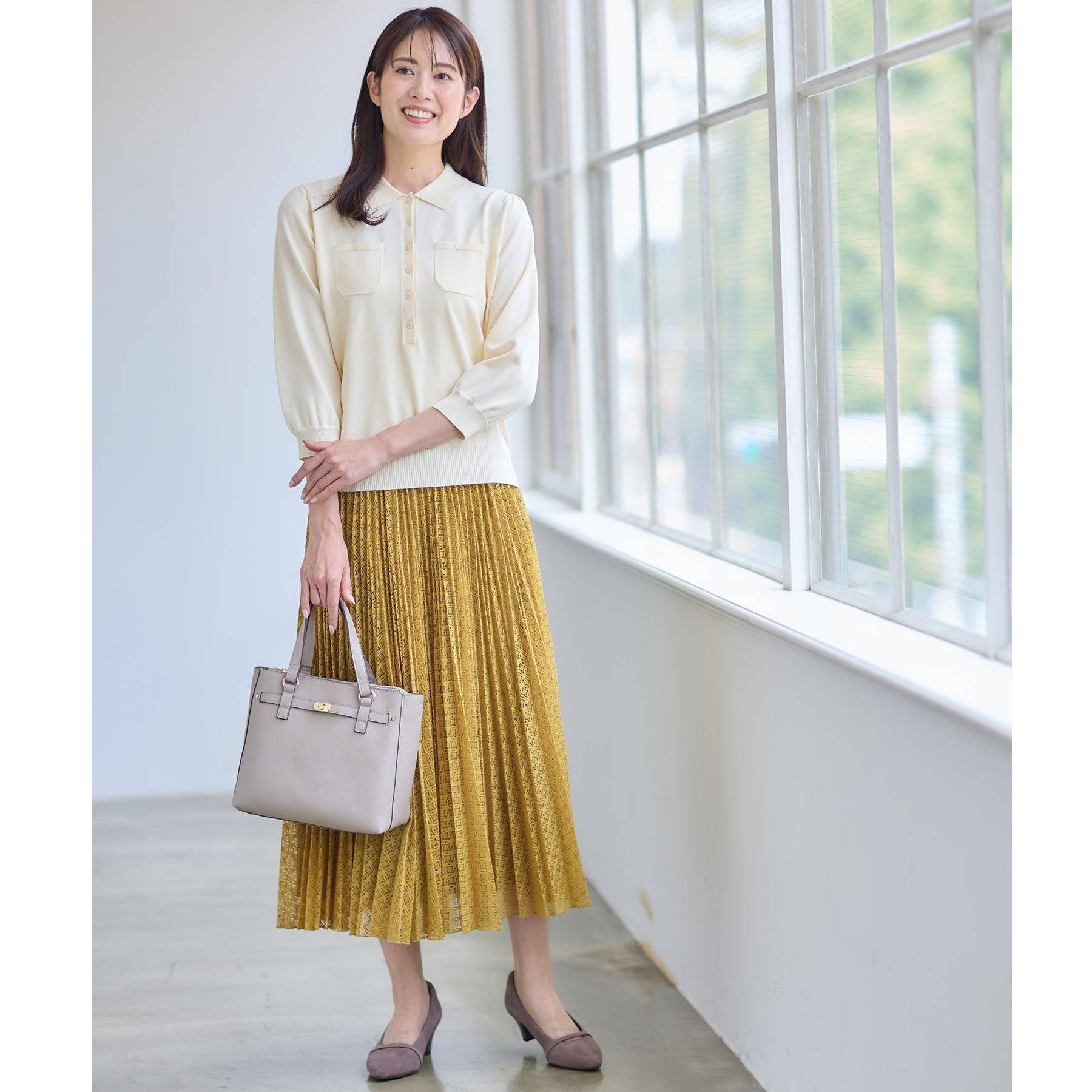 リフレクト Reflect 【透けにくい／残暑から秋まで着られる◎】衿付き七分袖ニット （マスタード(033)） マスタード(033)