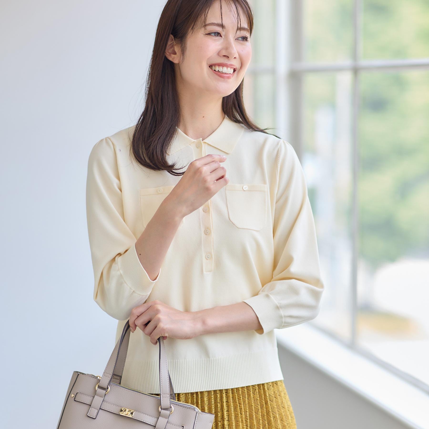 リフレクト Reflect 【透けにくい／残暑から秋まで着られる◎】衿付き七分袖ニット （マスタード(033)） マスタード(033)