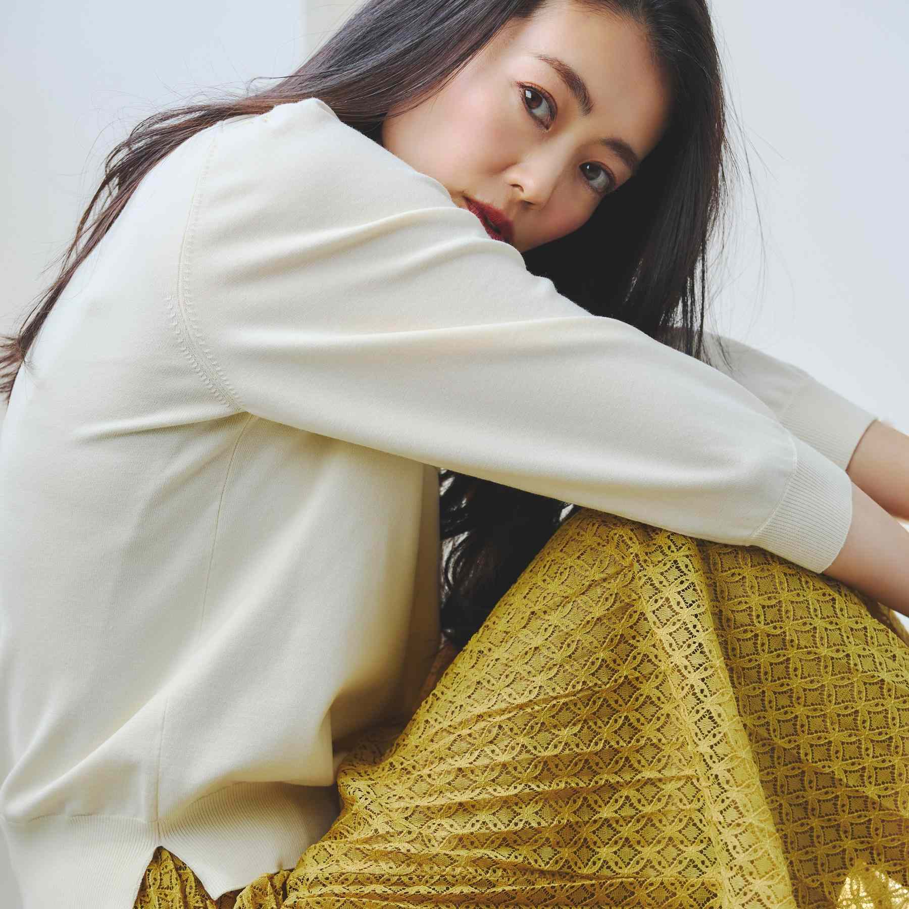 リフレクト Reflect 【透けにくい／残暑から秋まで着られる◎】衿付き七分袖ニット （マスタード(033)） マスタード(033)