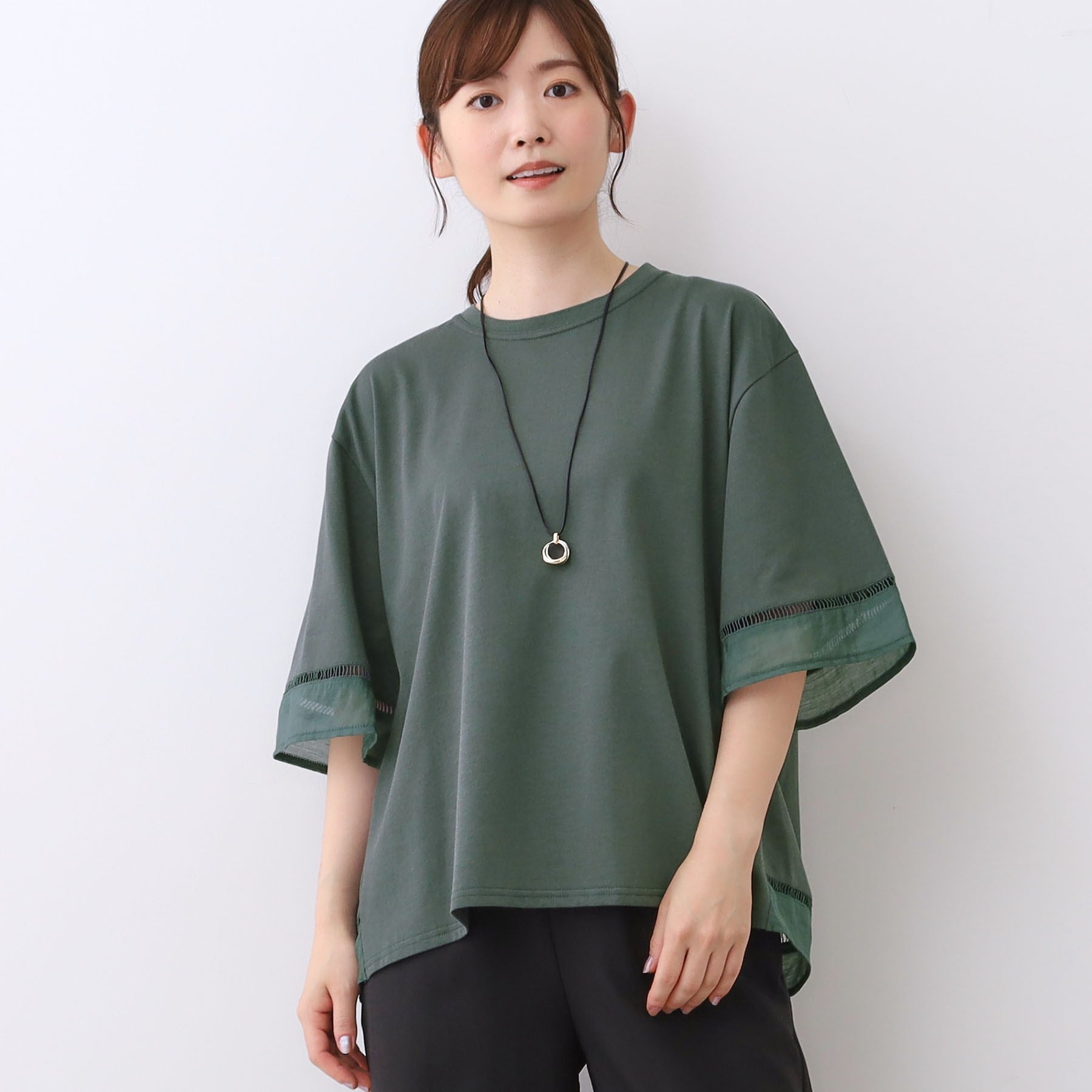 リフレクト Reflect 【E-QUALITY／体型カバー／涼しく着られる◎】シアー×レースデザインプルオーバー （ブルーグリーン(097)） ブルーグリーン(097)