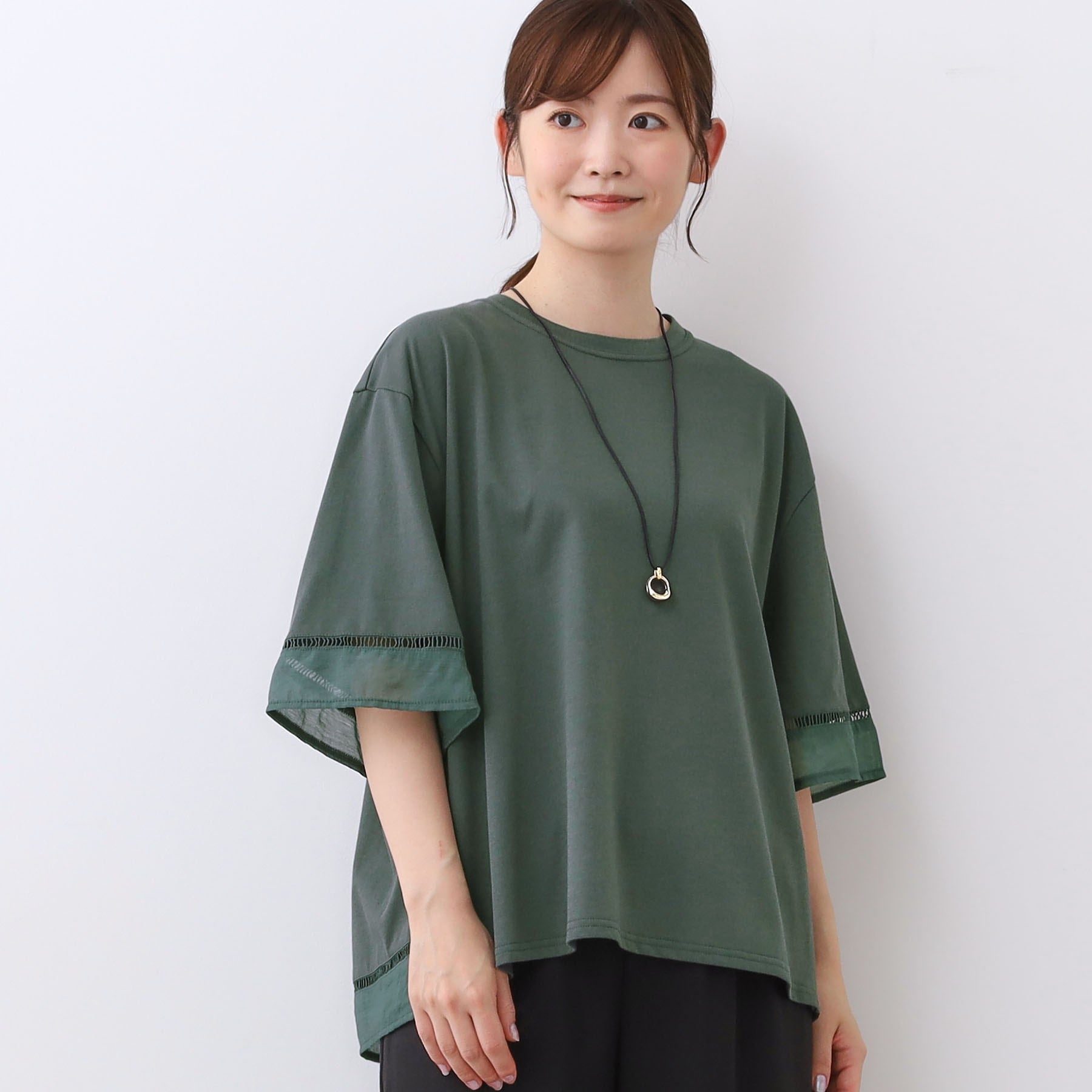 リフレクト Reflect 【E-QUALITY／体型カバー／涼しく着られる◎】シアー×レースデザインプルオーバー （ブルーグリーン(097)） ブルーグリーン(097)