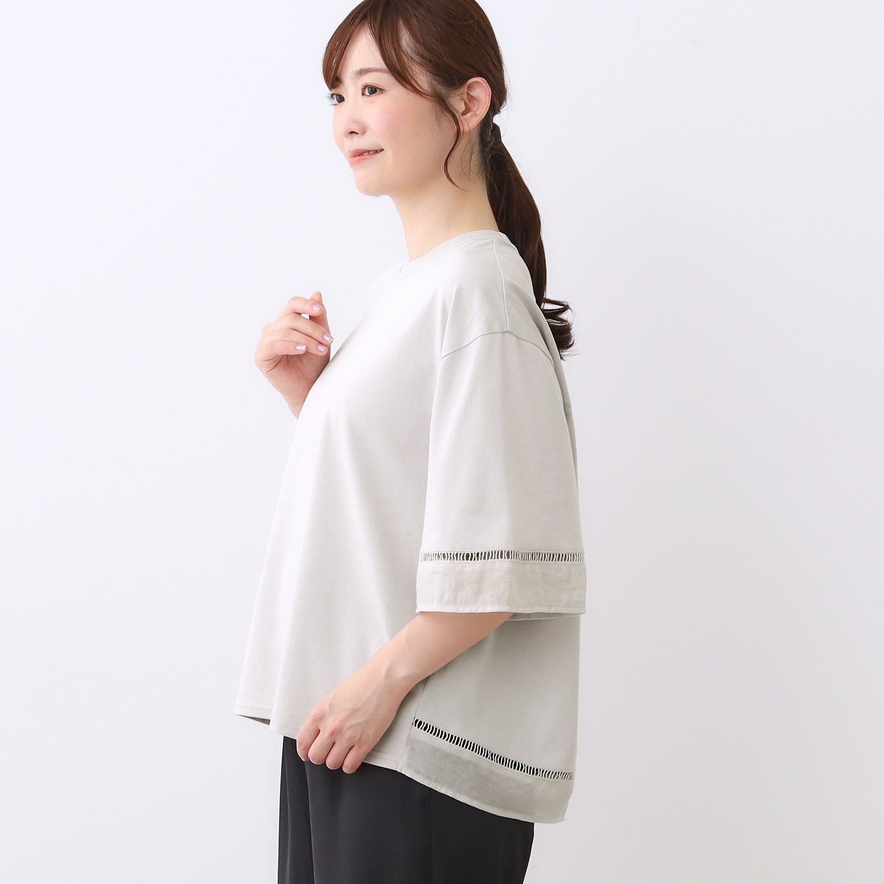 リフレクト Reflect 【E-QUALITY／体型カバー／涼しく着られる◎】シアー×レースデザインプルオーバー （ブルーグリーン(097)） ブルーグリーン(097)