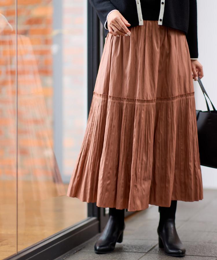 リフレクト Reflect 【カラーニットでこなれスタイル◎】プリーツギャザースカート （オレンジ(069)） オレンジ(069)