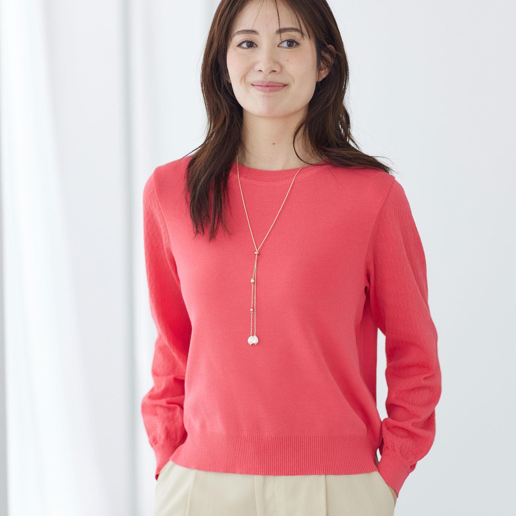 リフレクト Reflect 透かしスリーブデザインハイゲージニット （ピンク(073)） ピンク(073)