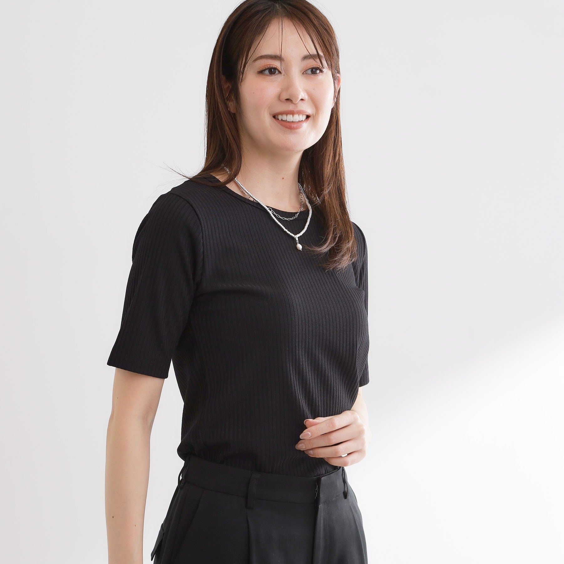 リフレクト Reflect 【インナーにおすすめ◎】クルーネックストレッチリブトップス （ブラック(019)） ブラック(019)