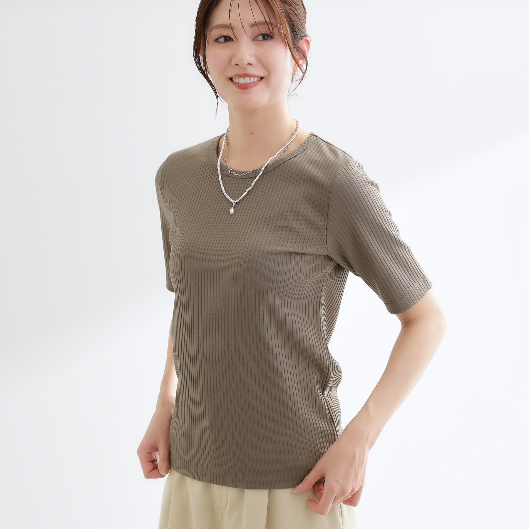 リフレクト Reflect 【インナーにおすすめ◎】クルーネックストレッチリブトップス （オリーブグリーン(026)） オリーブグリーン(026)