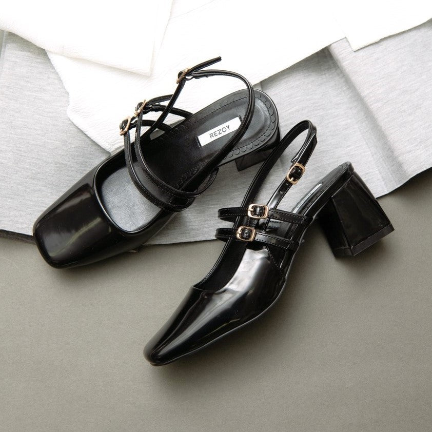 REZOY 【2024 New Release】【REZOY】Double Belt Back Strap Square Toe Pumps