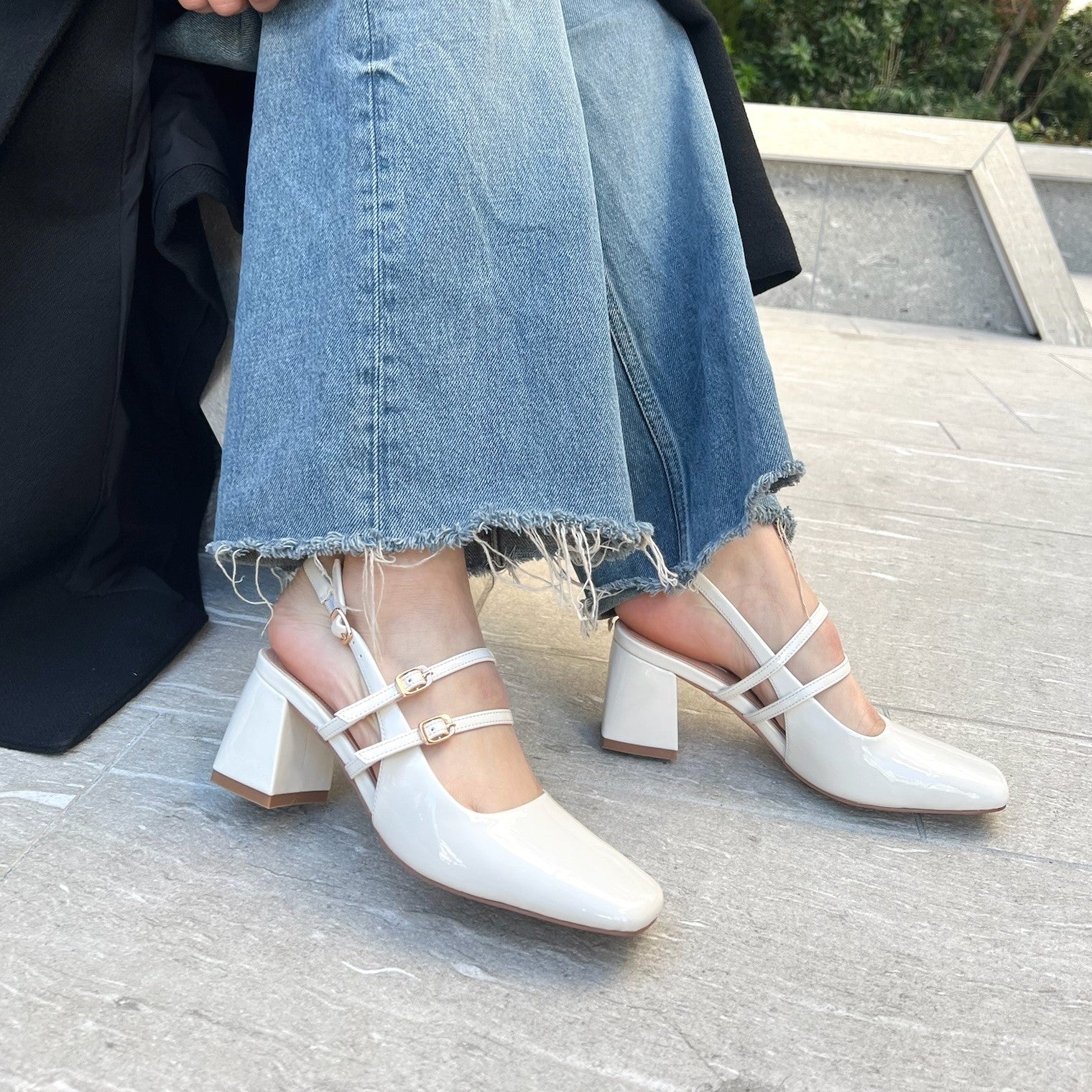 REZOY 【2024 New Release】【REZOY】Double Belt Back Strap Square Toe Pumps