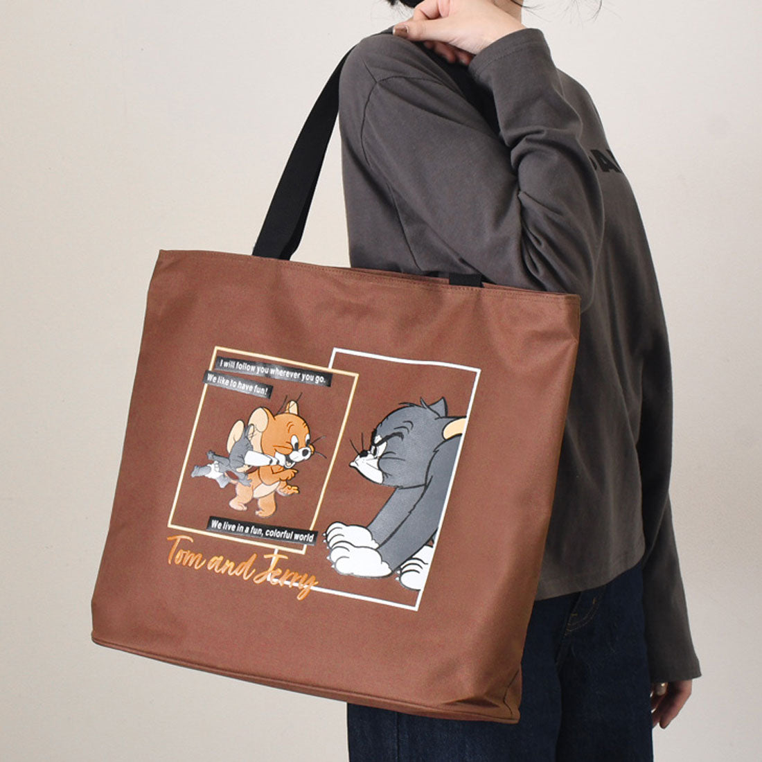 リアルスタイル REAL STYLE トートバッグ トムとジェリー TOM&JERRY キャラクター レディース メンズ キッズ 子供 大容量 A4 大きめ 肩掛け 軽量 撥水,ブラウン