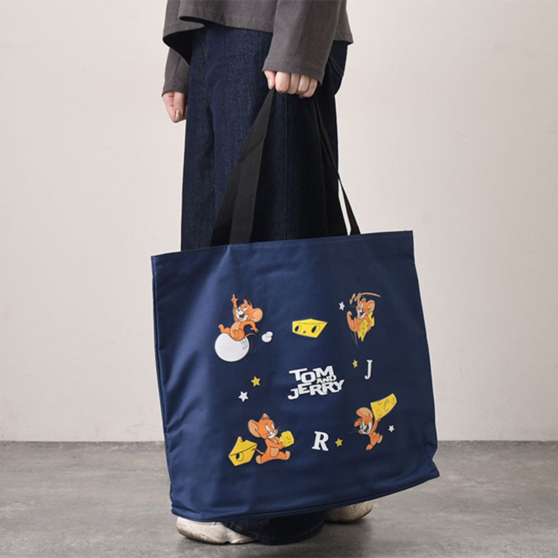 リアルスタイル REAL STYLE トートバッグ トムとジェリー TOM&JERRY キャラクター レディース メンズ キッズ 子供 大容量 A4 大きめ 肩掛け 軽量 撥水,ネイビー