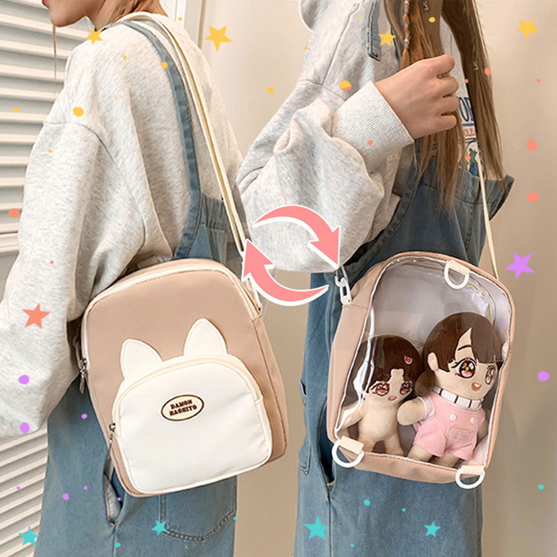 リアルスタイル REAL STYLE ショルダーバッグ レディース リュック 2way クリアポケット 透明 斜めがけ 肩掛け 軽い おしゃれ 推し活 ぬい 痛バッグ 猫耳 縦型