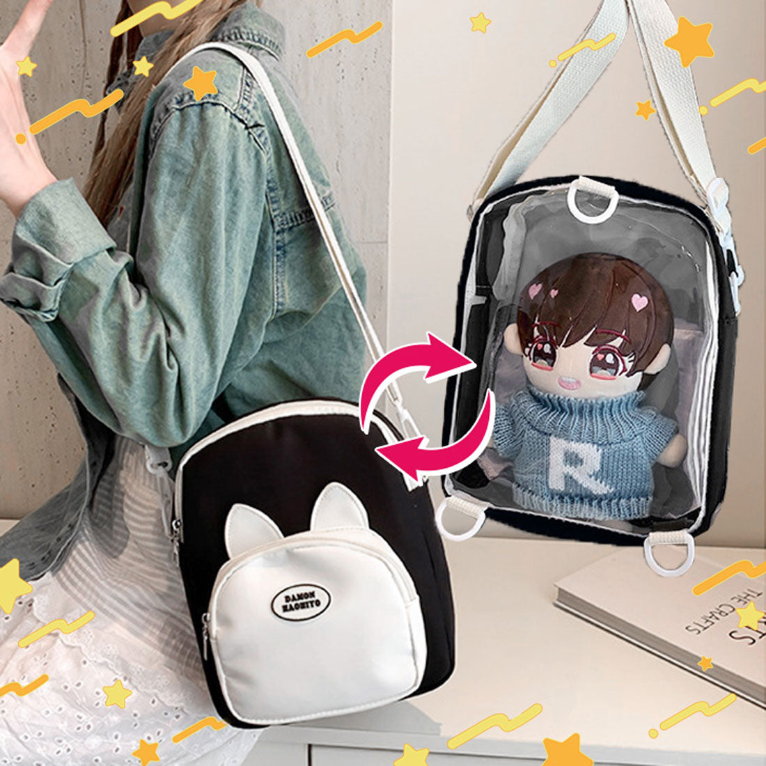 リアルスタイル REAL STYLE ショルダーバッグ レディース リュック 2way クリアポケット 透明 斜めがけ 肩掛け 軽い おしゃれ 推し活 ぬい 痛バッグ 猫耳 縦型