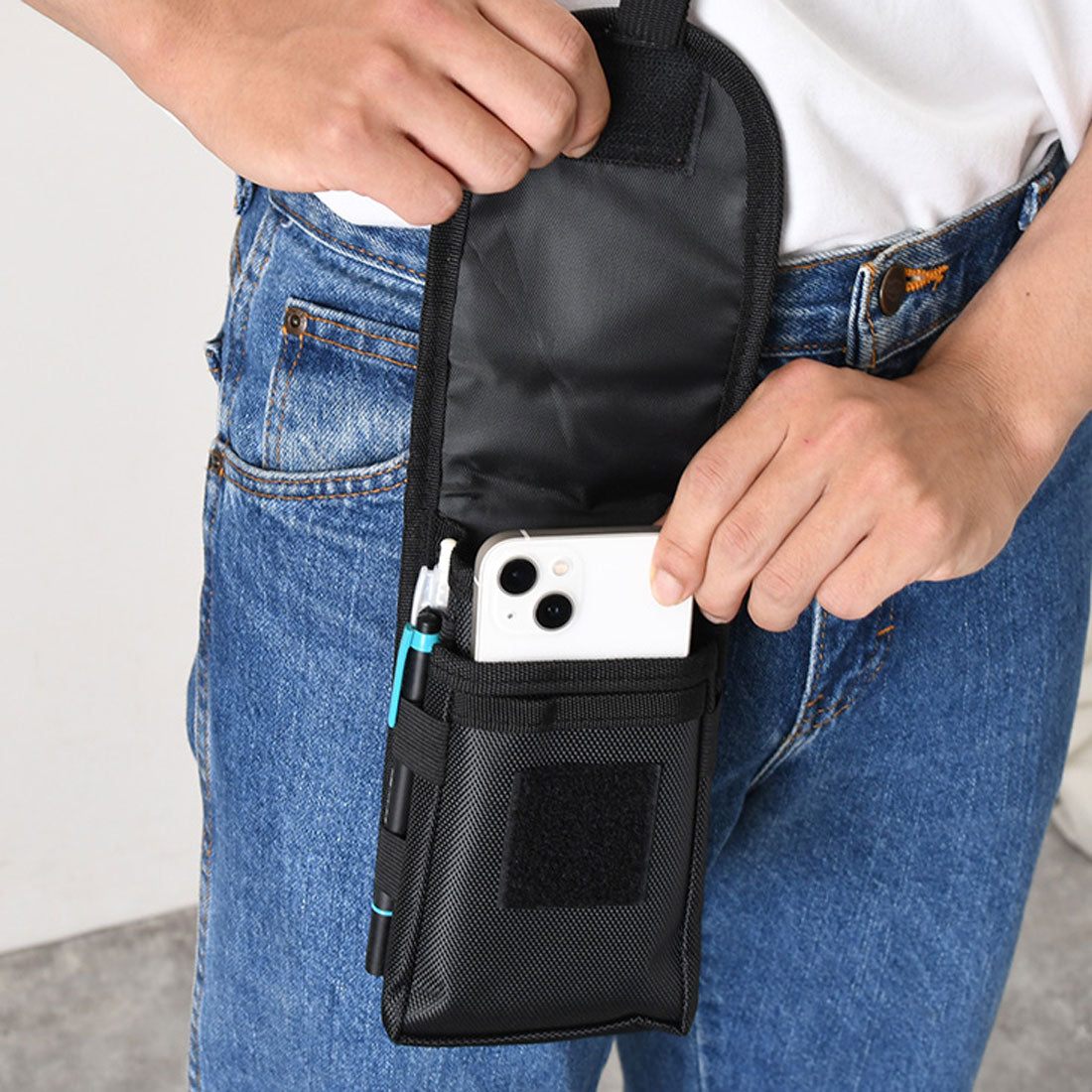 リアルスタイル REAL STYLE ベルトポーチ メンズ レディース 小物入れ スマホ おしゃれ ミニ バッグ ウエスト ヒップ 撥水 3way ネック 首掛け スリム 多収納 （ブラック） ブラック