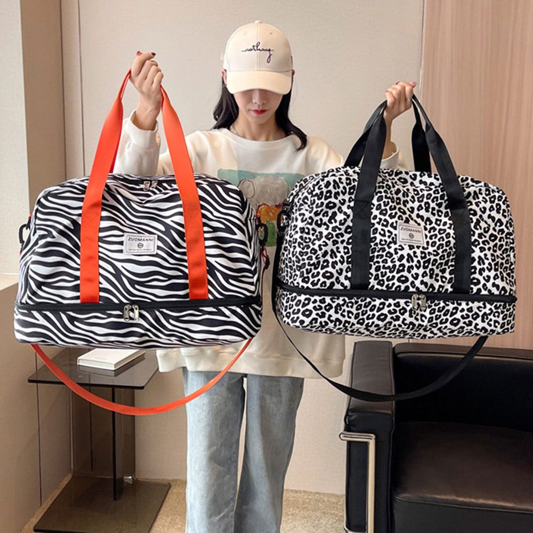 リアルスタイル REAL STYLE ボストンバッグ ボストンバック 大容量 ゴルフ 軽い ショルダー 2泊 1泊 折りたたみ キャリーオン （ビッグレオパード×ベージュ） ビッグレオパード×ベージュ