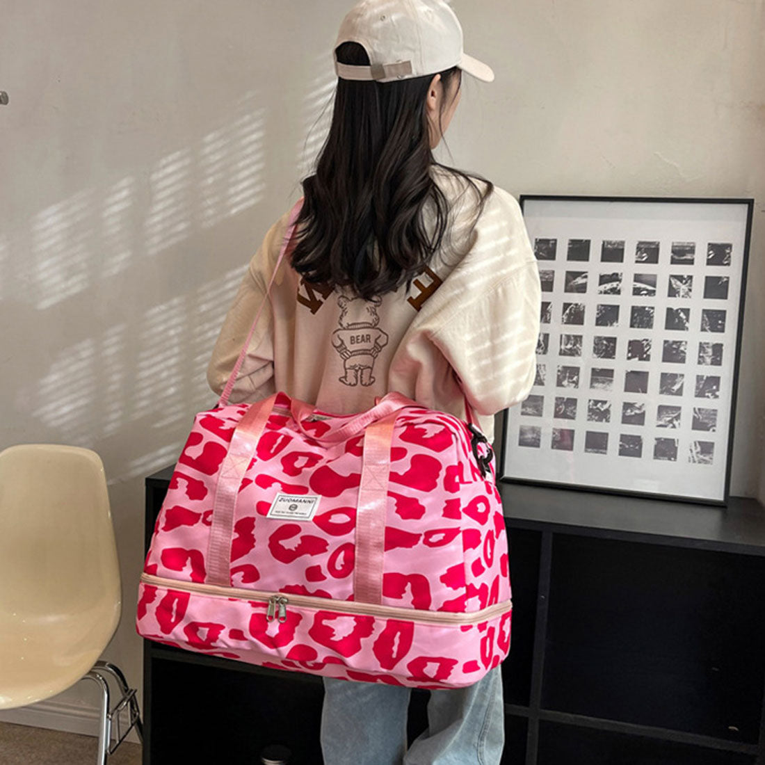 リアルスタイル REAL STYLE ボストンバッグ ボストンバック 大容量 ゴルフ 軽い ショルダー 2泊 1泊 折りたたみ キャリーオン （ビッグレオパード×ベージュ） ビッグレオパード×ベージュ