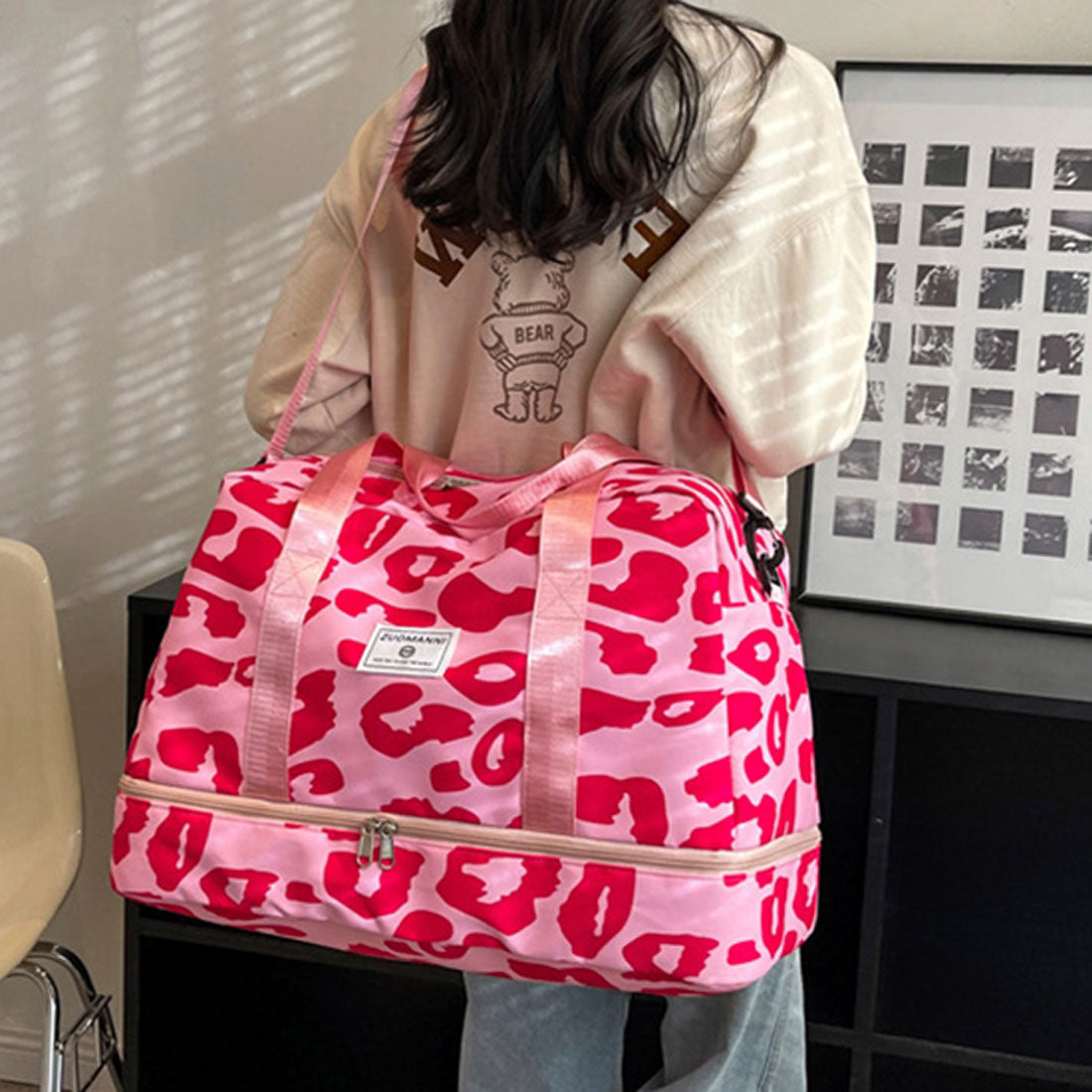 リアルスタイル REAL STYLE ボストンバッグ ボストンバック 大容量 ゴルフ 軽い ショルダー 2泊 1泊 折りたたみ キャリーオン （ビッグレオパード×ピンク） ビッグレオパード×ピンク