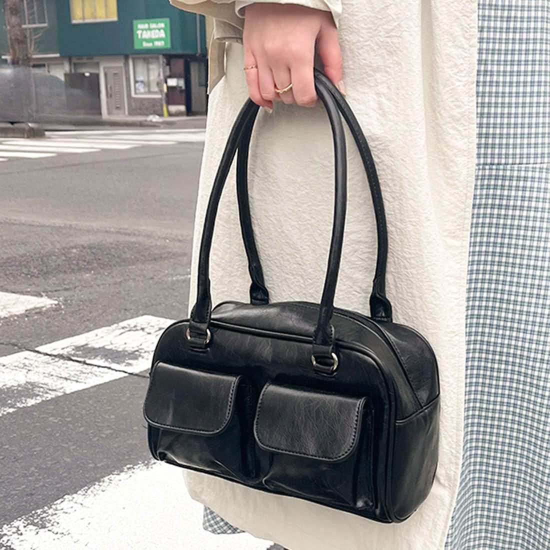REAL STYLE Handbag Tote Bag for Women, Lightweight, Small, Stylish, Commuting, Black, Synthetic Leather, Mini, Girls, School, Faux Leather, Cute, Korean, Simple