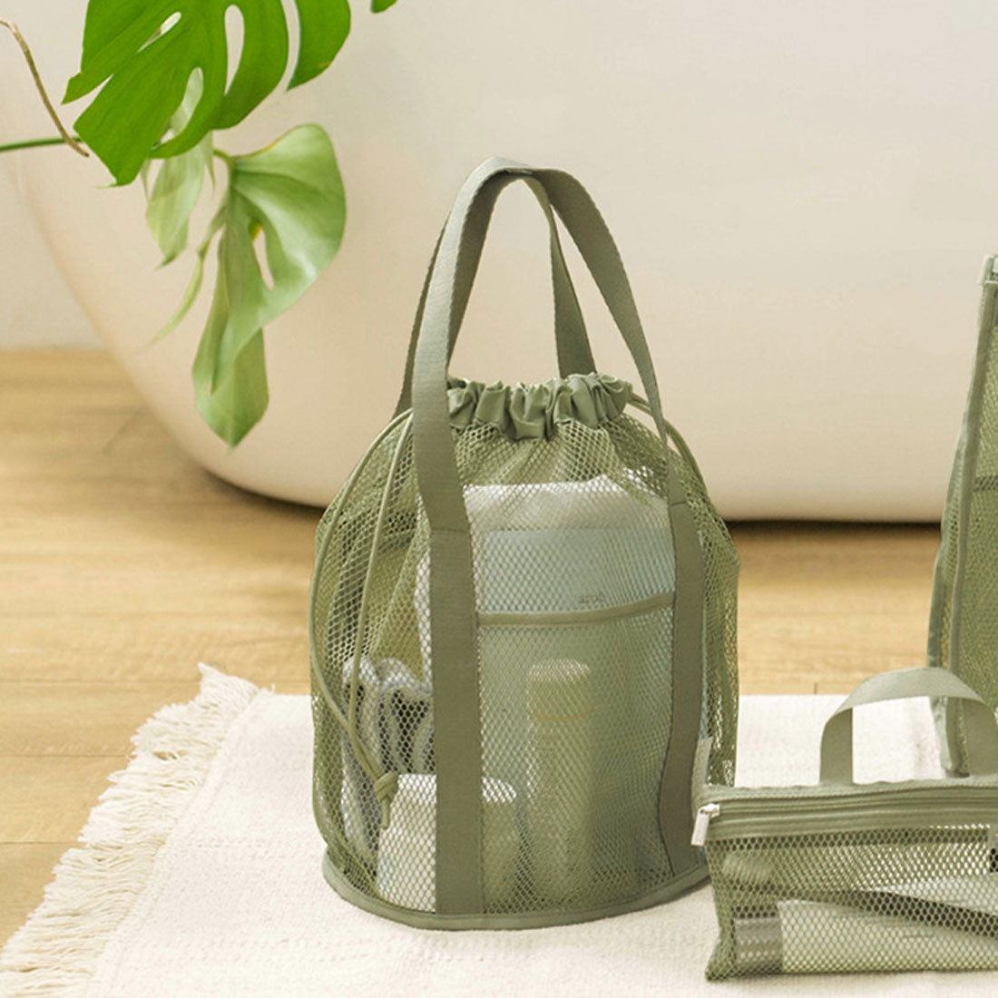 Real Style Tote Bag Spa Bag Mesh Large Drawstring Wide Gusset Onsen Bag Sento Bath Swimming Sea Handheld Lightweight Simple Stylish Large Capacity Woven