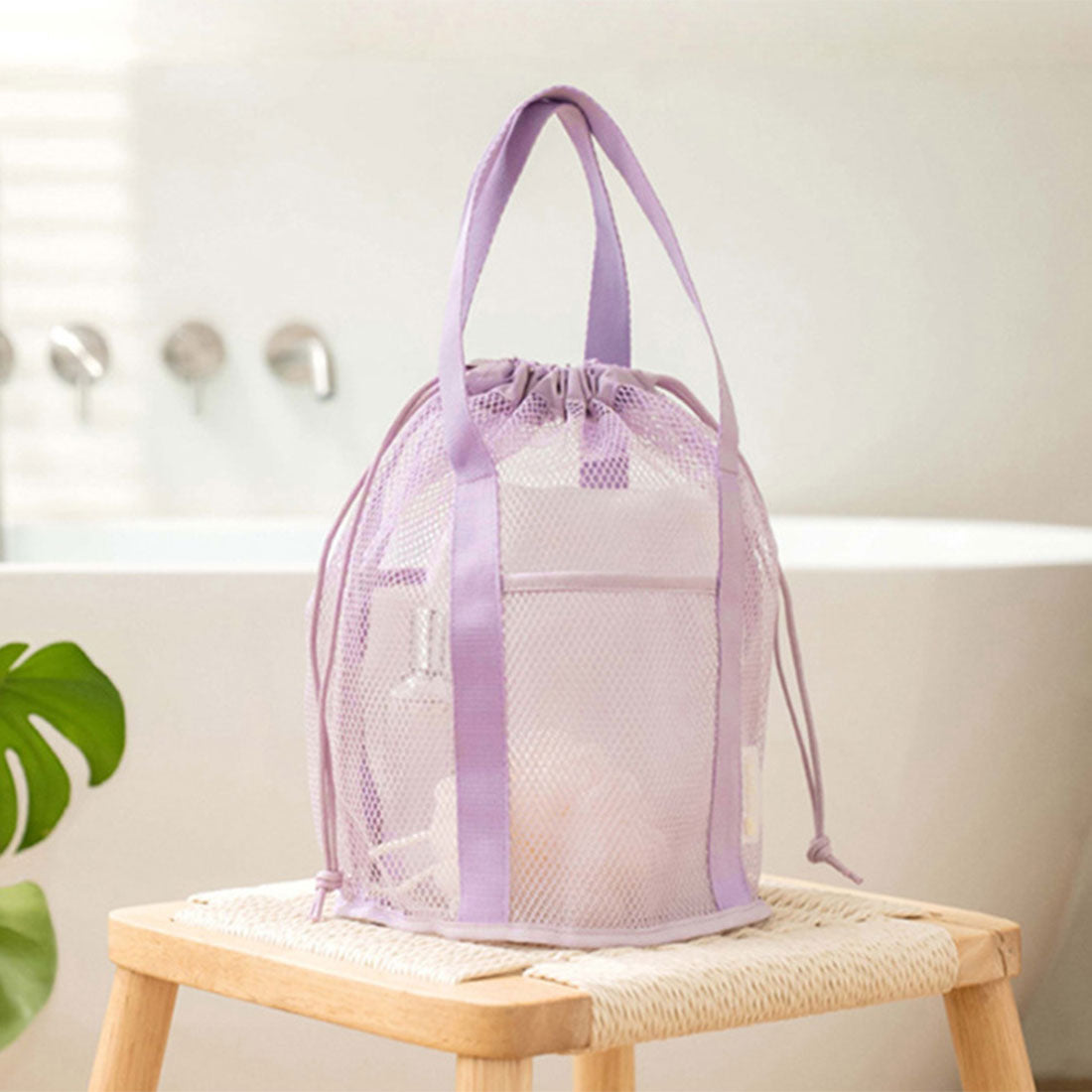 Real Style Tote Bag Spa Bag Mesh Large Drawstring Wide Gusset Onsen Bag Sento Bath Swimming Sea Handheld Lightweight Simple Stylish Large Capacity Woven