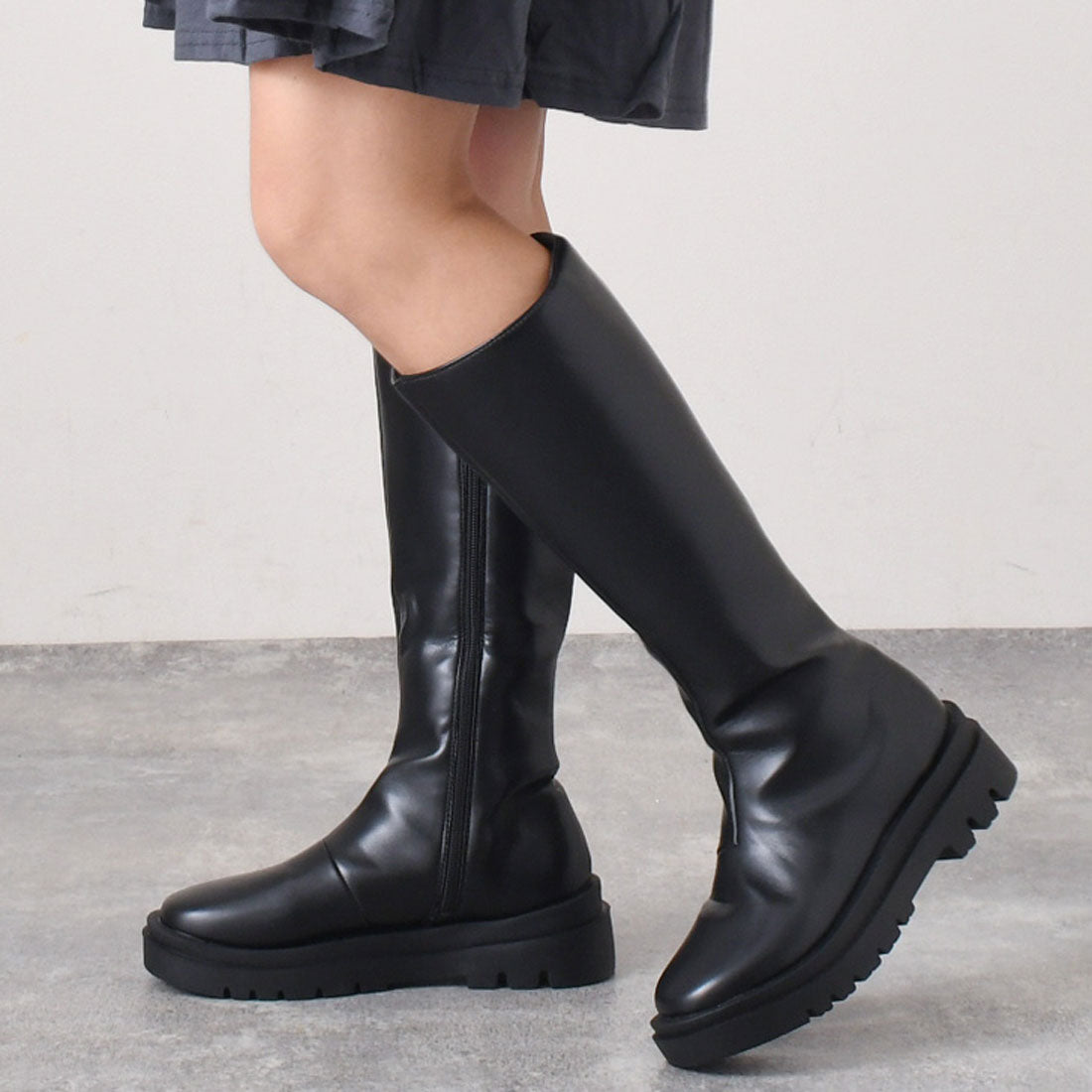 リアルスタイル REAL STYLE ロングブーツ レディース 小さいサイズ 大きいサイズ 歩きやすい 厚底 フェイクレザー 秋 冬 おしゃれ かわいい 大人 防寒 膝丈,ブラック