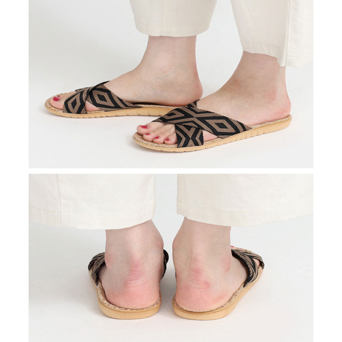 リアルスタイル REAL STYLE サンダル レディース 夏 歩きやすい 履きやすい 通気性 蒸れにくい 涼しい 麻 ジュート ぺたんこ 軽量 クロスベルト 幾何学 カジュアル （ダークオレンジ(67)） ダークオレンジ(67)