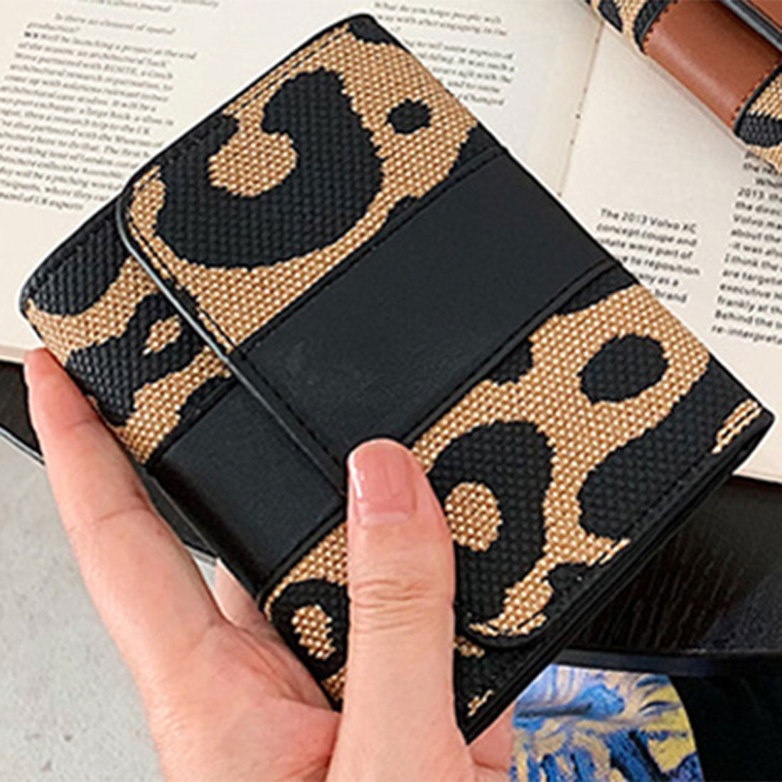 リアルスタイル REAL STYLE カードケース カード入れ 財布 レディース 薄型 大容量 スリム ミニ財布 長財布 三つ折り お札折らない 小銭入れなし 動物 レオパード,ブラック(ショート)