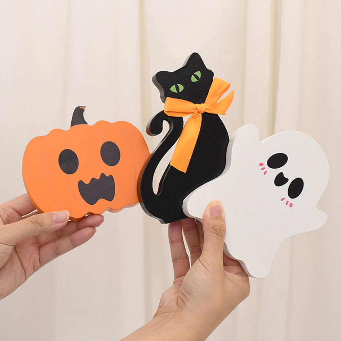 リアルスタイル REAL STYLE ハロウィン 飾り 玄関 かぼちゃ 黒猫 おばけ ディスプレイ インテリア コスプレ 子供 仮装 置物 装飾 グッズ オーナメント 木製 雑貨,3体セット