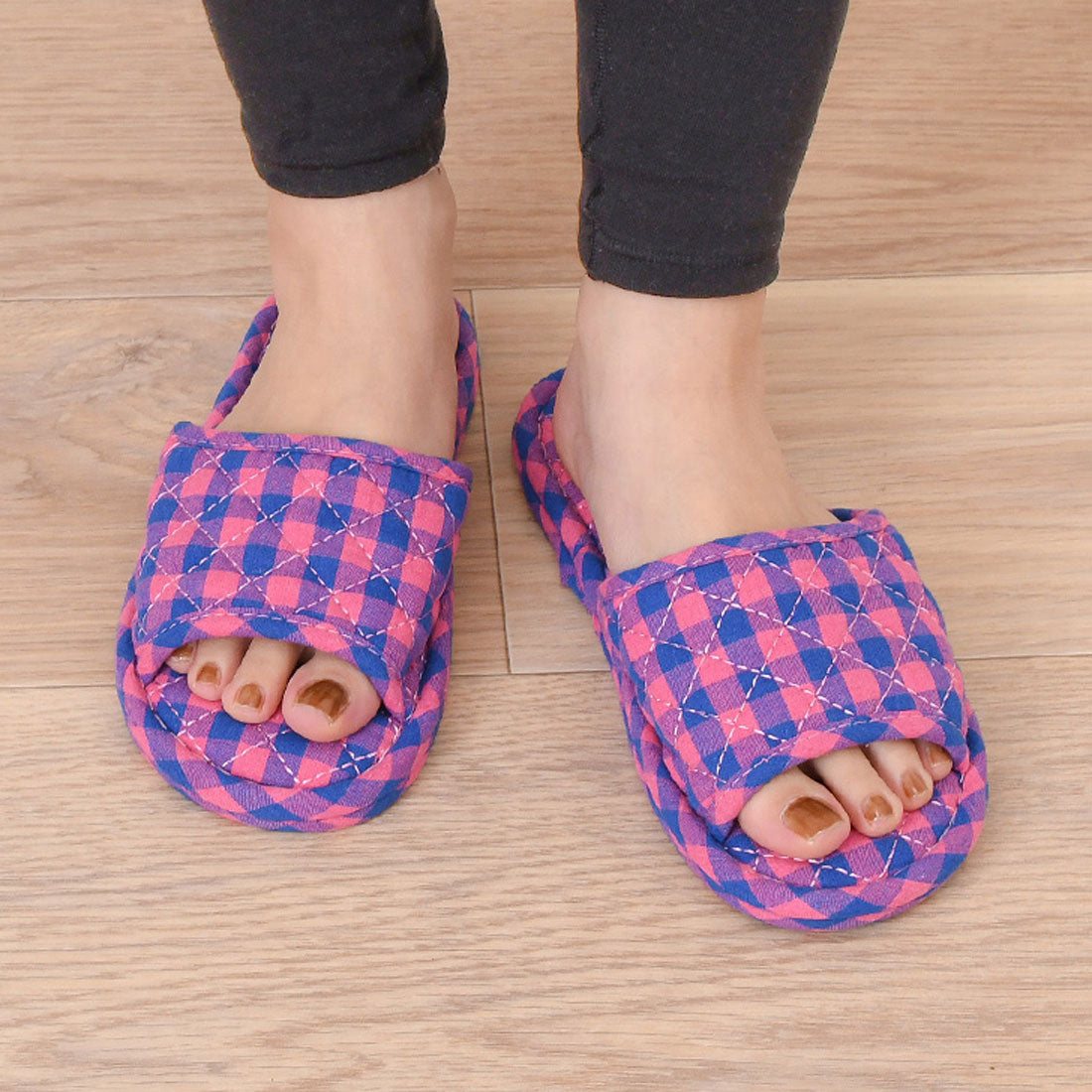 Real Style Slippers Indoor Women's Room Shoes Spring Summer Autumn Winter Stylish Guest Use Non-Slip Front Opening Cushion Sandals Lightweight Cute Check Room