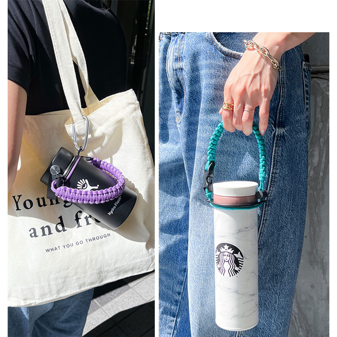 リアルスタイル REAL STYLE ペットボトルホルダー ハンドストラップ 紐 パラコード おしゃれ 水筒ホルダー ハンドル 持ち手 手持ち リング 6.5cm 持ち運び （ターコイズ） ターコイズ