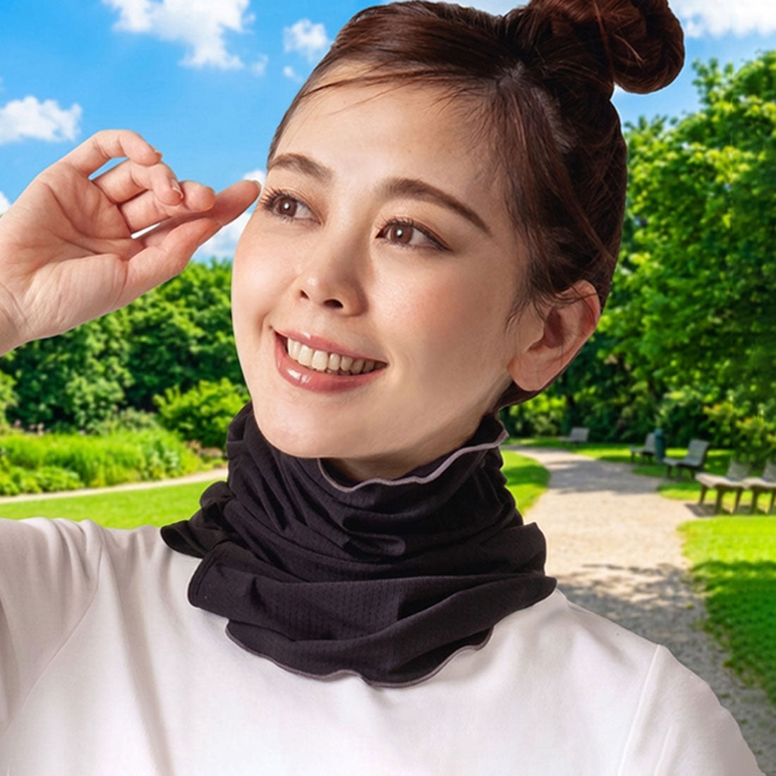 リアルスタイル REAL STYLE フェイスカバー フェイスマスク レディース UVカット 接触冷感 UPF50+ 夏用 耳掛け 保冷剤 冷却 紫外線 暑さ対策 日焼け対策 顔 ひんやり 冷たい 涼しい ガード （ブラック） ブラック