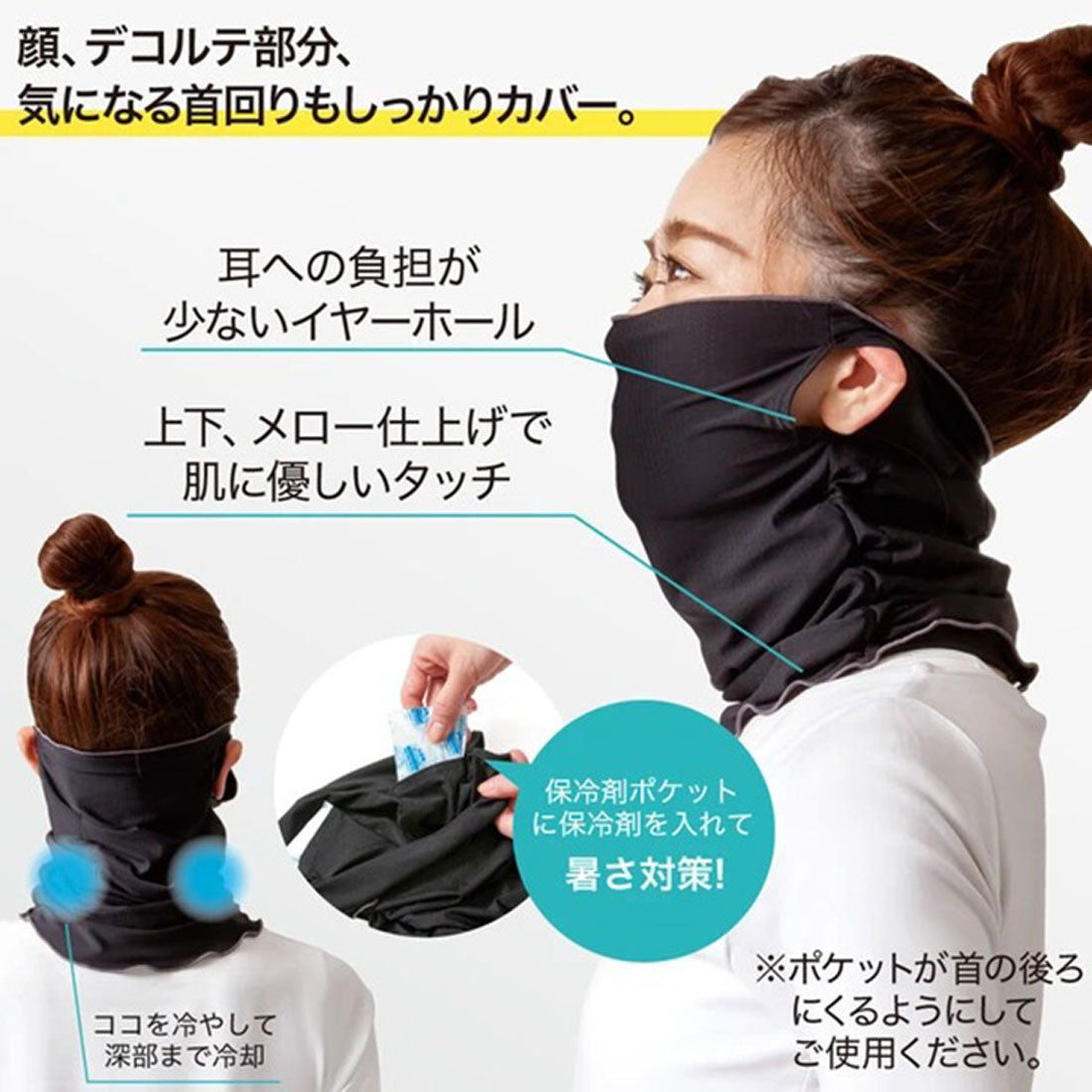 リアルスタイル REAL STYLE フェイスカバー フェイスマスク レディース UVカット 接触冷感 UPF50+ 夏用 耳掛け 保冷剤 冷却 紫外線 暑さ対策 日焼け対策 顔 ひんやり 冷たい 涼しい ガード （ブラック） ブラック