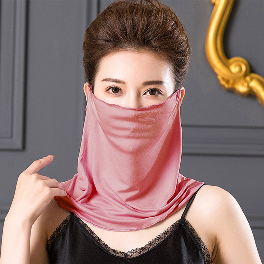 リアルスタイル REAL STYLE フェイスカバー マスク ネックカバー 夏用 UV レディース おしゃれ 紫外線対策 日焼け タートルネック シルク なめらか 首 シワ隠し,ダスティピンク