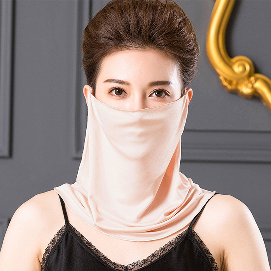 リアルスタイル REAL STYLE フェイスカバー マスク ネックカバー 夏用 UV レディース おしゃれ 紫外線対策 日焼け タートルネック シルク なめらか 首 シワ隠し,ベビーピンク