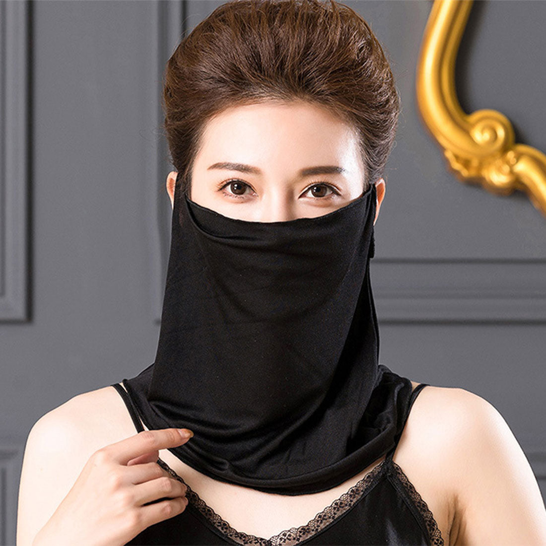 リアルスタイル REAL STYLE フェイスカバー マスク ネックカバー 夏用 UV レディース おしゃれ 紫外線対策 日焼け タートルネック シルク なめらか 首 シワ隠し,ブラック