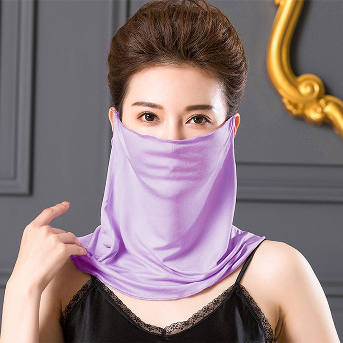 リアルスタイル REAL STYLE フェイスカバー マスク ネックカバー 夏用 UV レディース おしゃれ 紫外線対策 日焼け タートルネック シルク なめらか 首 シワ隠し,ラベンダー