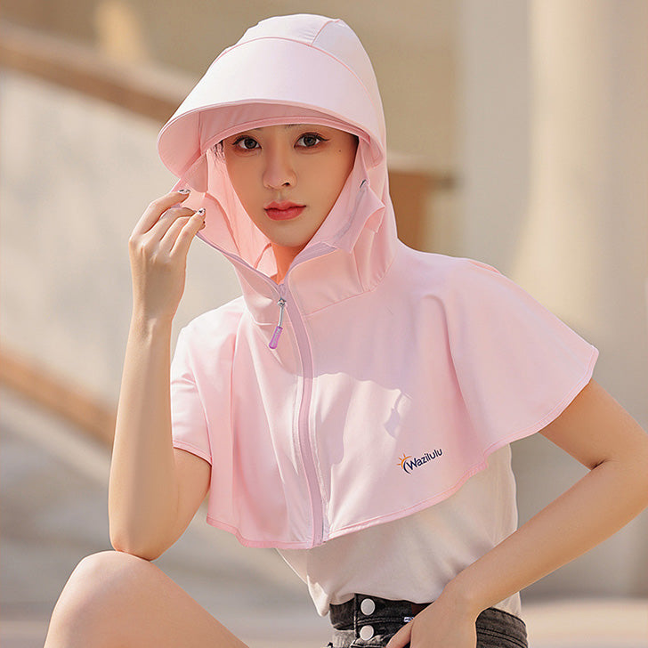 Real Style UV Cut Sun Hat Parka Face Cover Mask for Women Large Size Wide Brim UV Protection Golf Poncho Cape Sunscreen Clothing