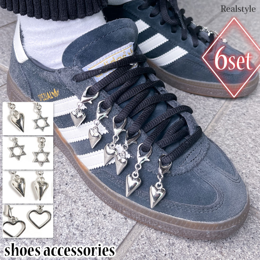 Real Style Shoe Parts Shoes Piercing Accessories Charm Sneakers Footwear Ladies Men Heart Silver Star 6-Piece Set Korea