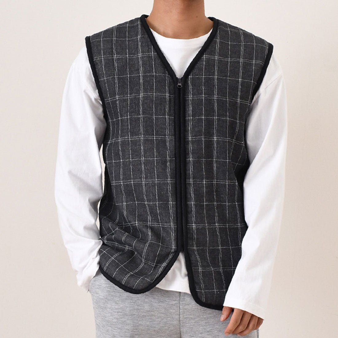 リアルスタイル REAL STYLE ベスト メンズ 秋冬 秋 冬 前開き 裏起毛 裏ボア おしゃれ 暖かい 防寒 軽い ポンチョ アウター 羽織り ジップアップ 部屋着 ゴルフ 入院 （ブラックチェック1） ブラックチェック1